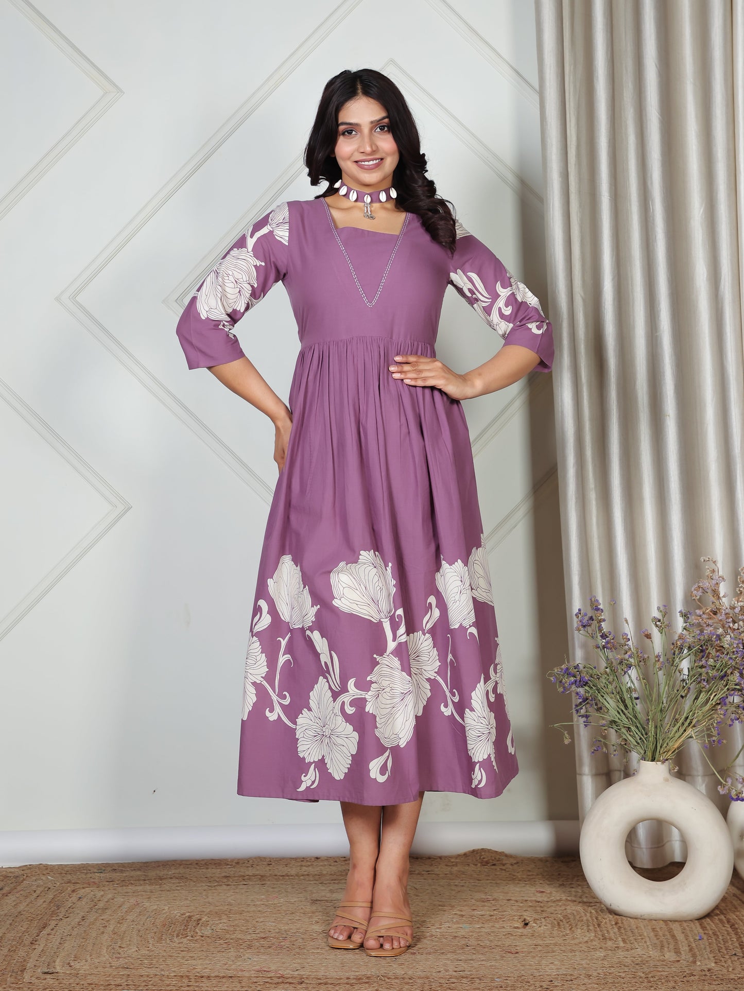 Embroidered Soft Cotton Placement Print Flared Purple Dress
