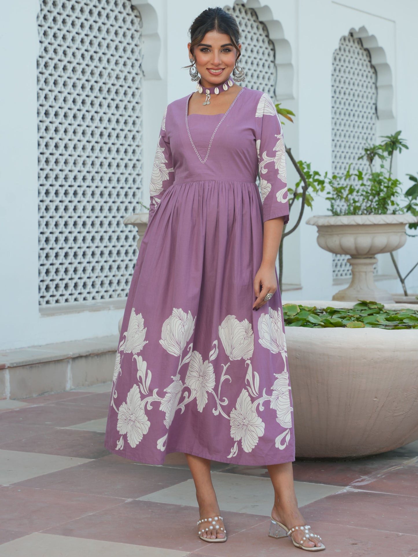 Soft Cotton Placement Print Flared Purple Dress (With Necklace)