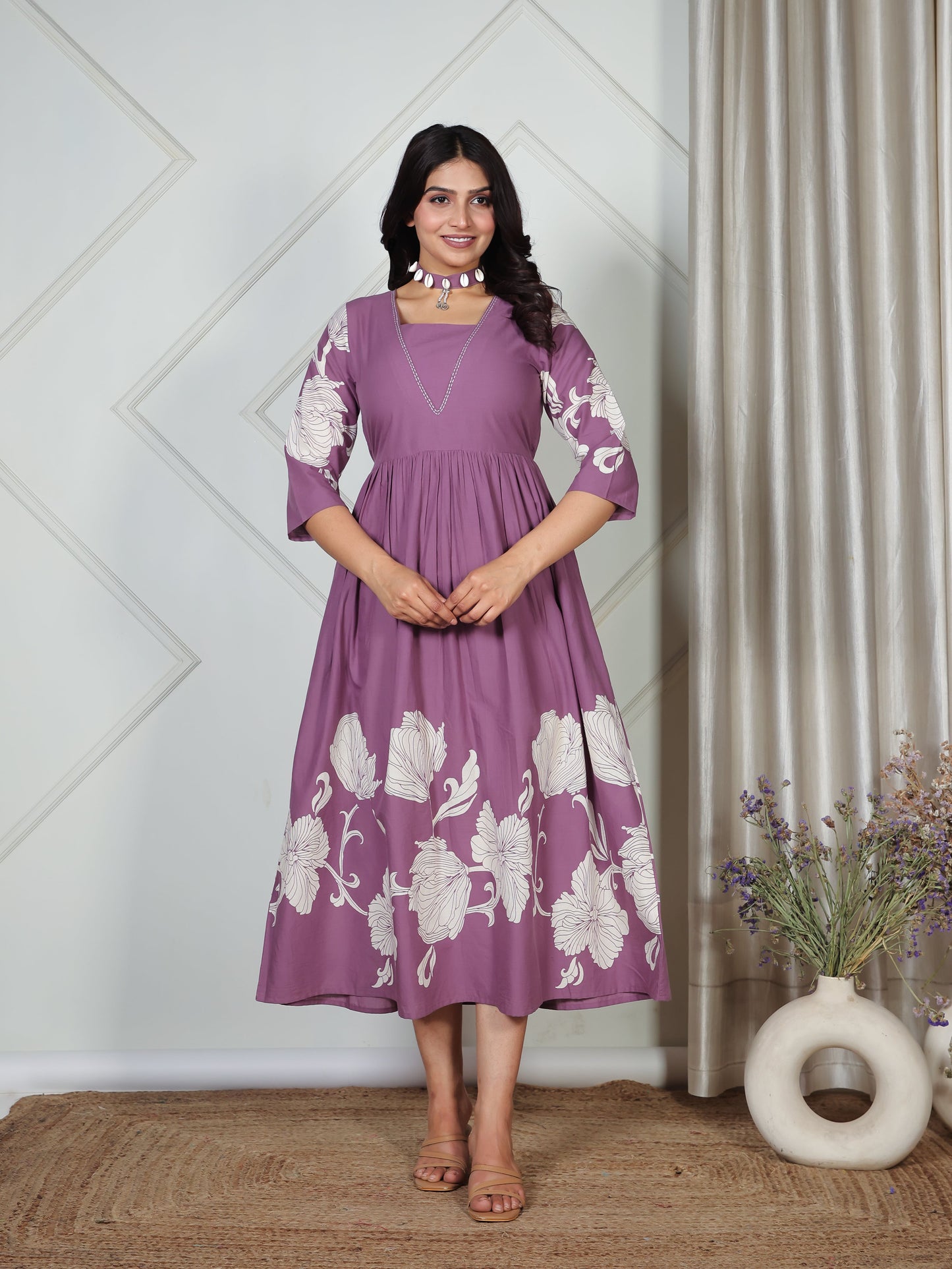 Embroidered Soft Cotton Placement Print Flared Purple Dress