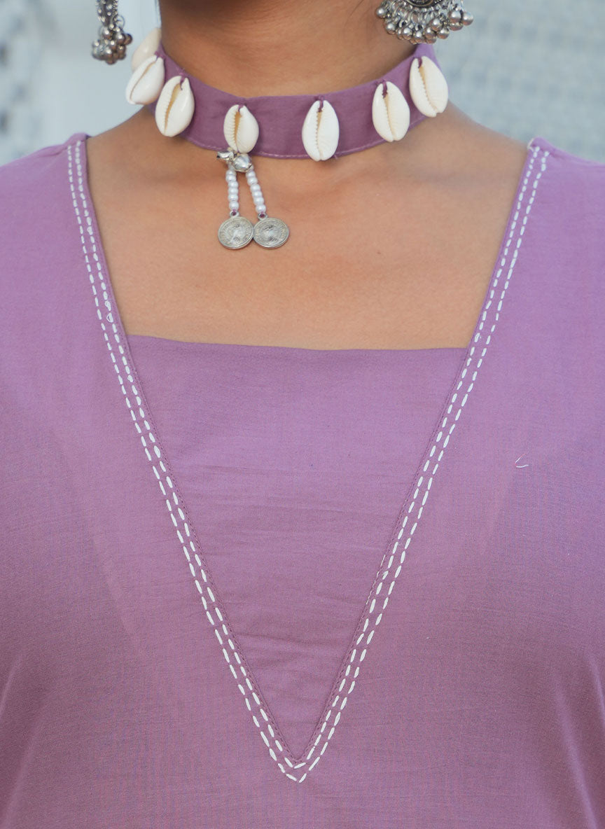 Soft Cotton Placement Print Flared Purple Dress (With Necklace)