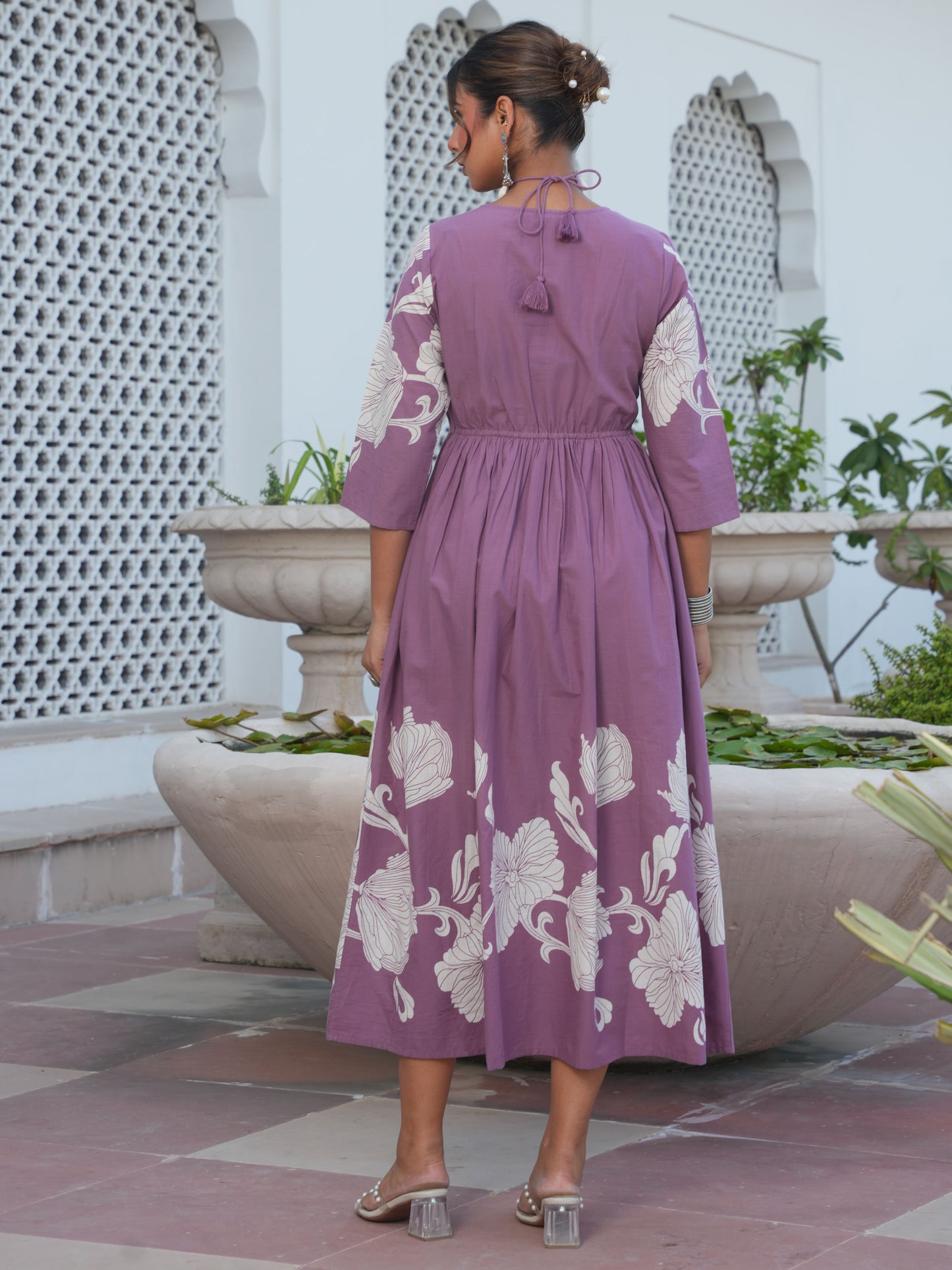 Soft Cotton Placement Print Flared Purple Dress (With Necklace)