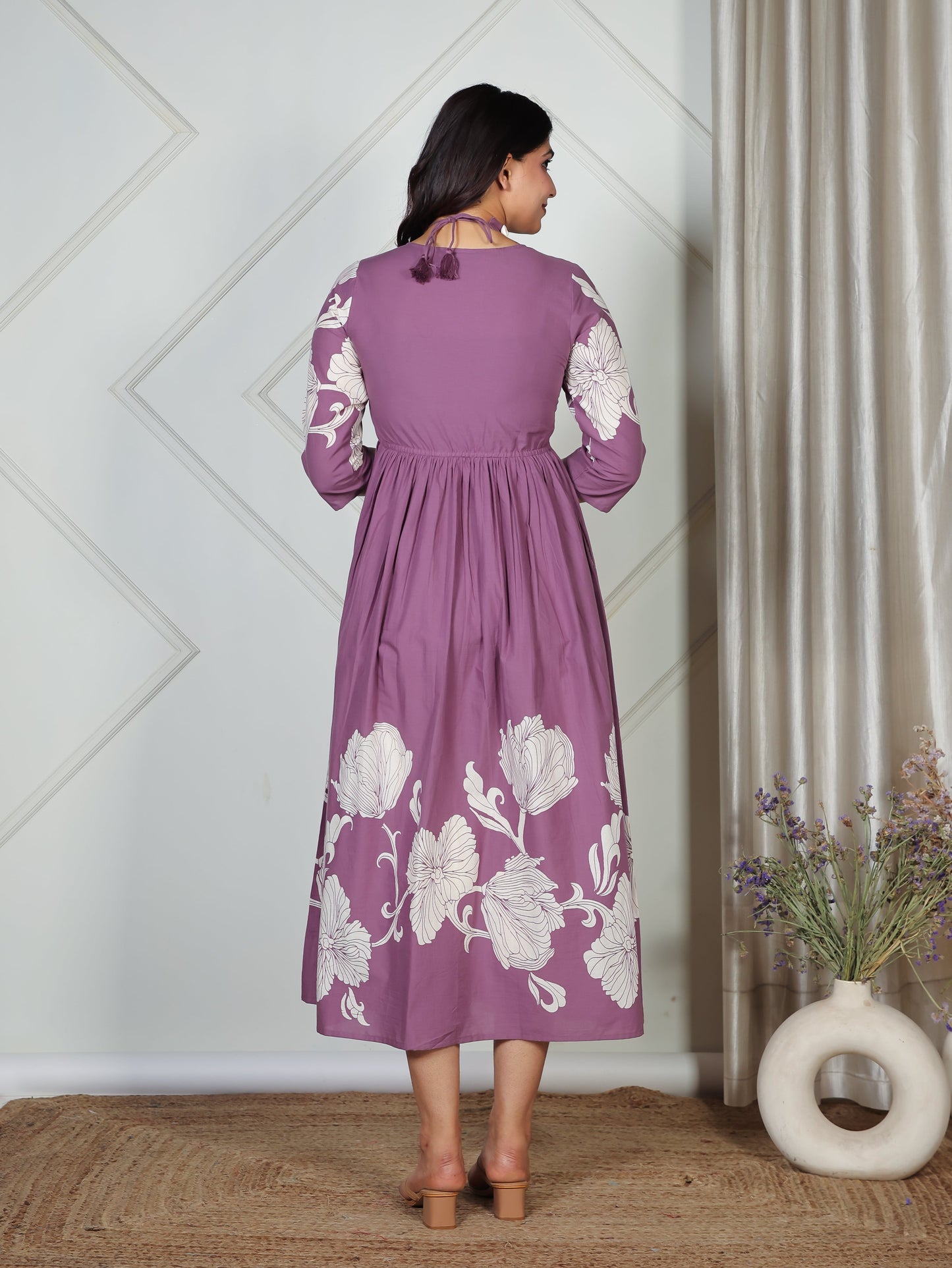 Embroidered Soft Cotton Placement Print Flared Purple Dress