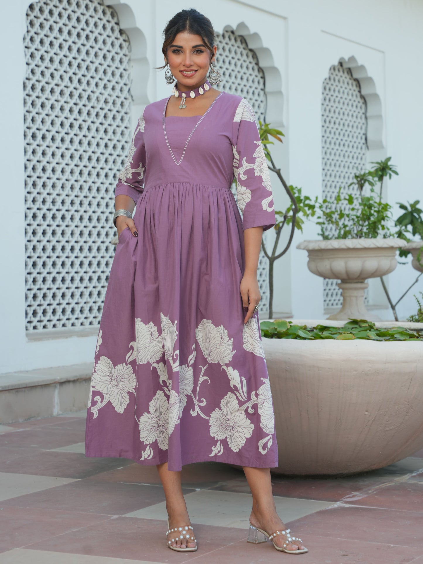 Soft Cotton Placement Print Flared Purple Dress (With Necklace)