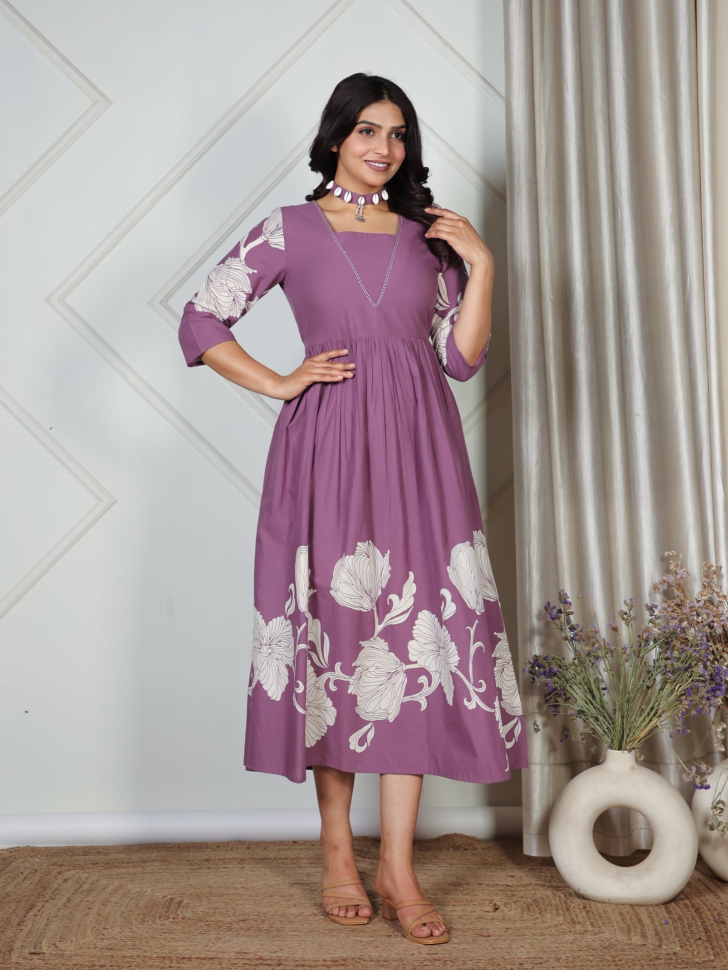 Embroidered Soft Cotton Placement Print Flared Purple Dress