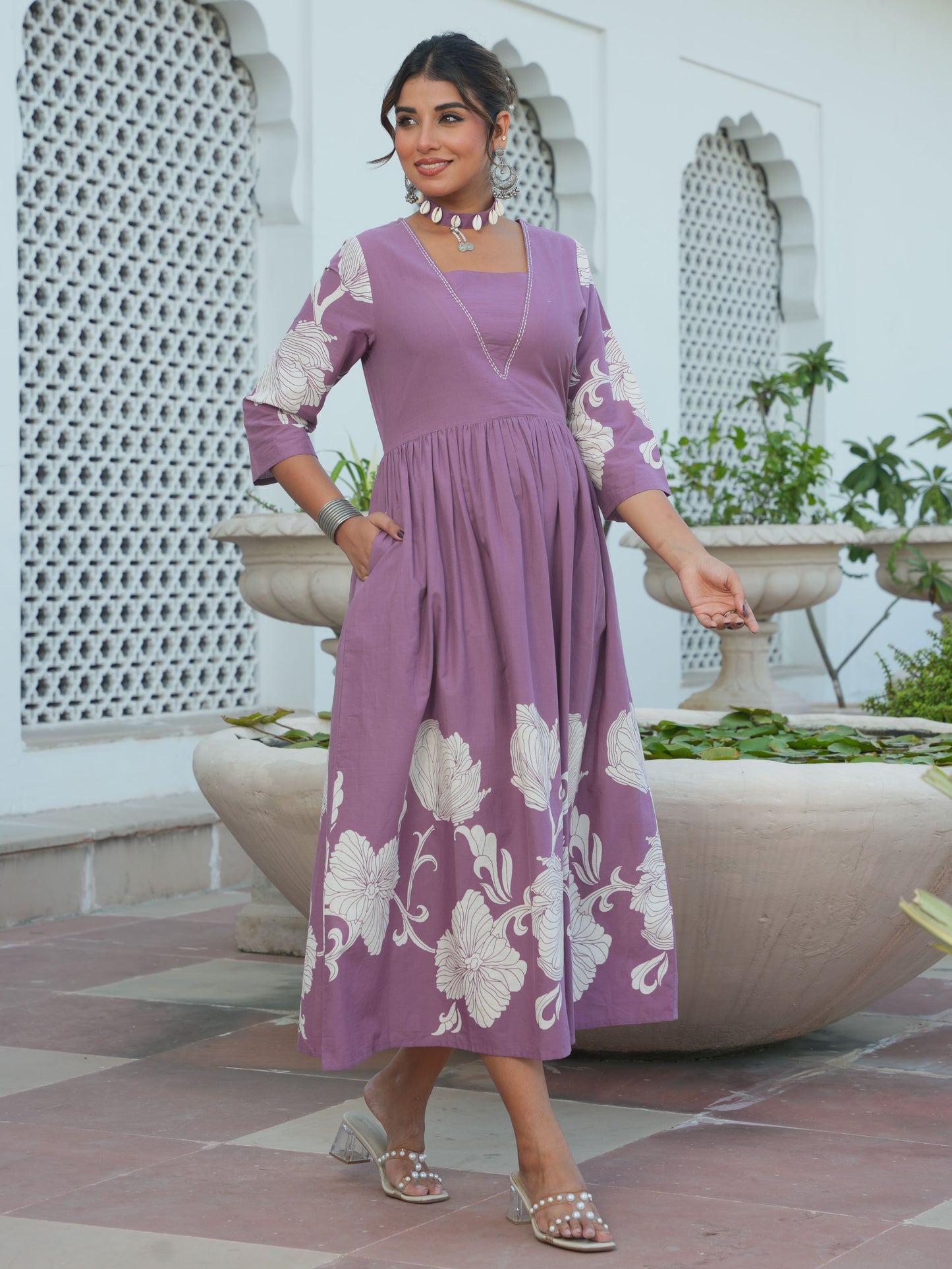 Soft Cotton Placement Print Flared Purple Dress (With Necklace)