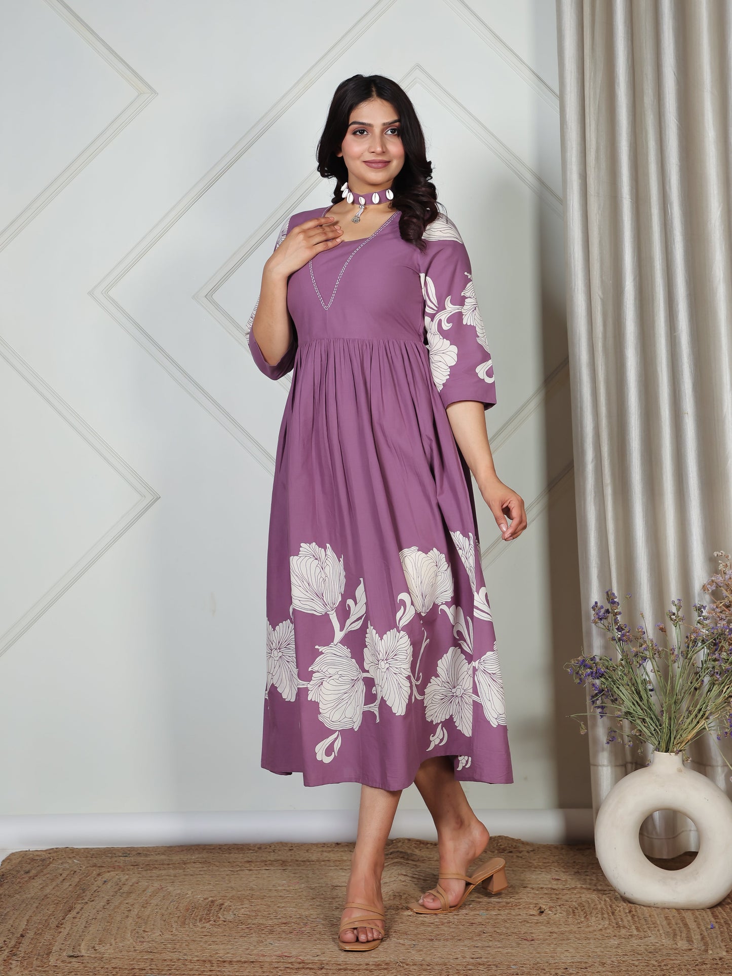 Embroidered Soft Cotton Placement Print Flared Purple Dress