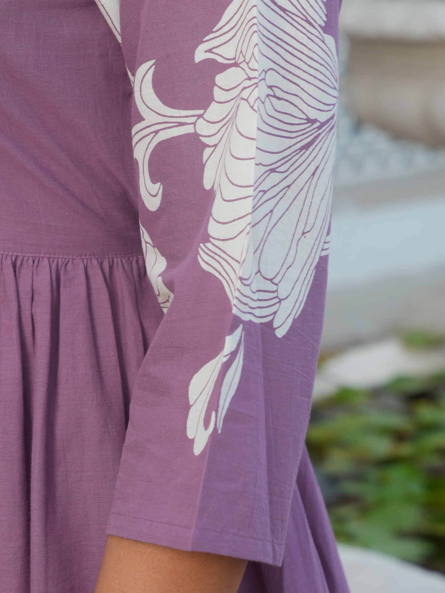 Soft Cotton Placement Print Flared Purple Dress (With Necklace)
