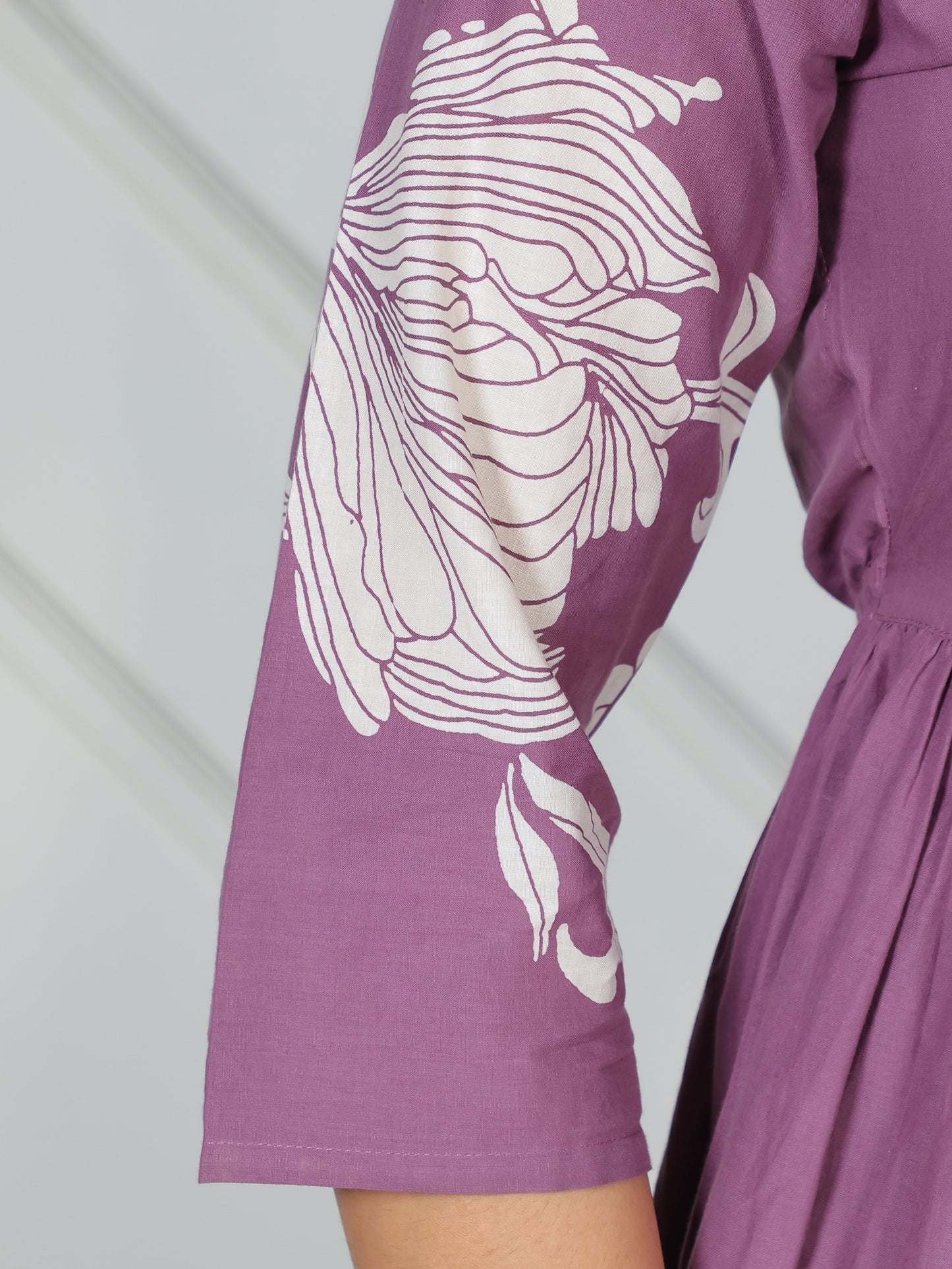 Embroidered Soft Cotton Placement Print Flared Purple Dress