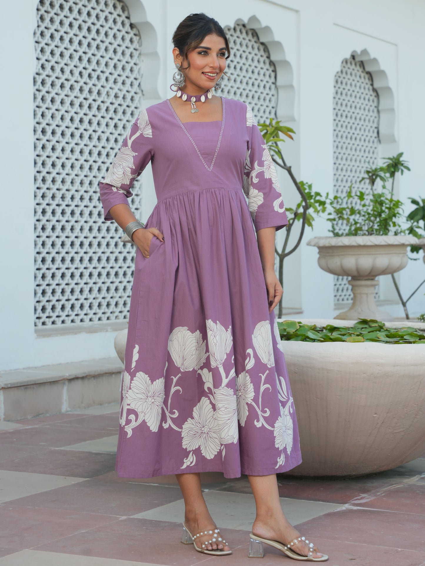 Soft Cotton Placement Print Flared Purple Dress (With Necklace)