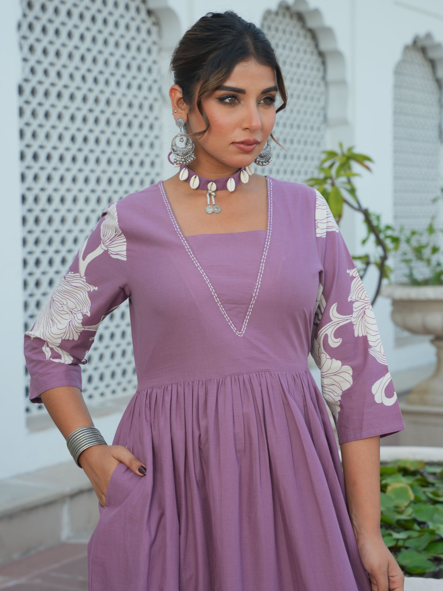 Soft Cotton Placement Print Flared Purple Dress (With Necklace)