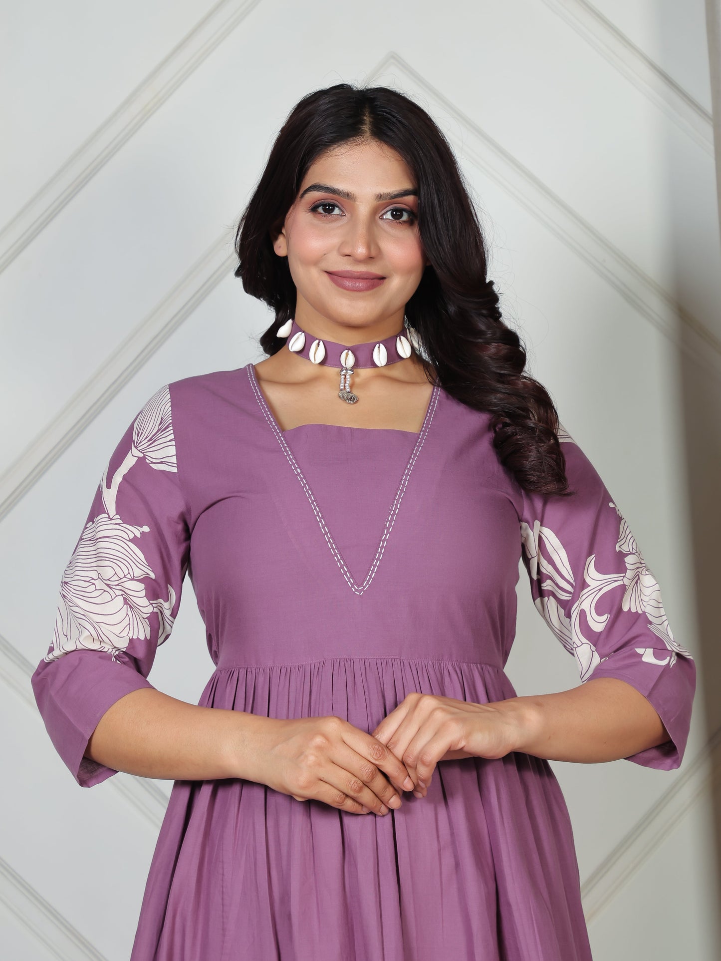 Embroidered Soft Cotton Placement Print Flared Purple Dress