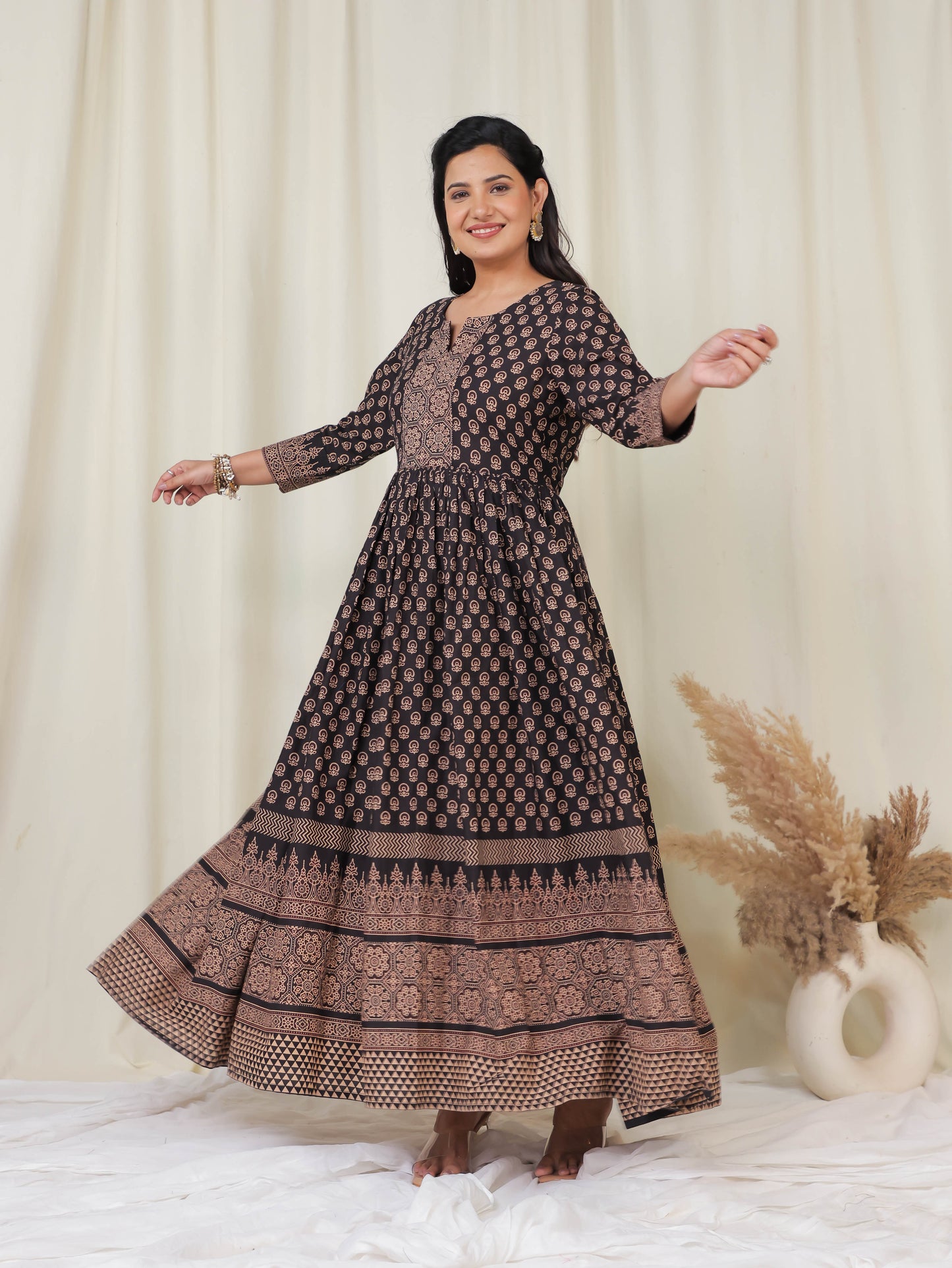Soft Cotton Ajrakh Anarkali Black Dress