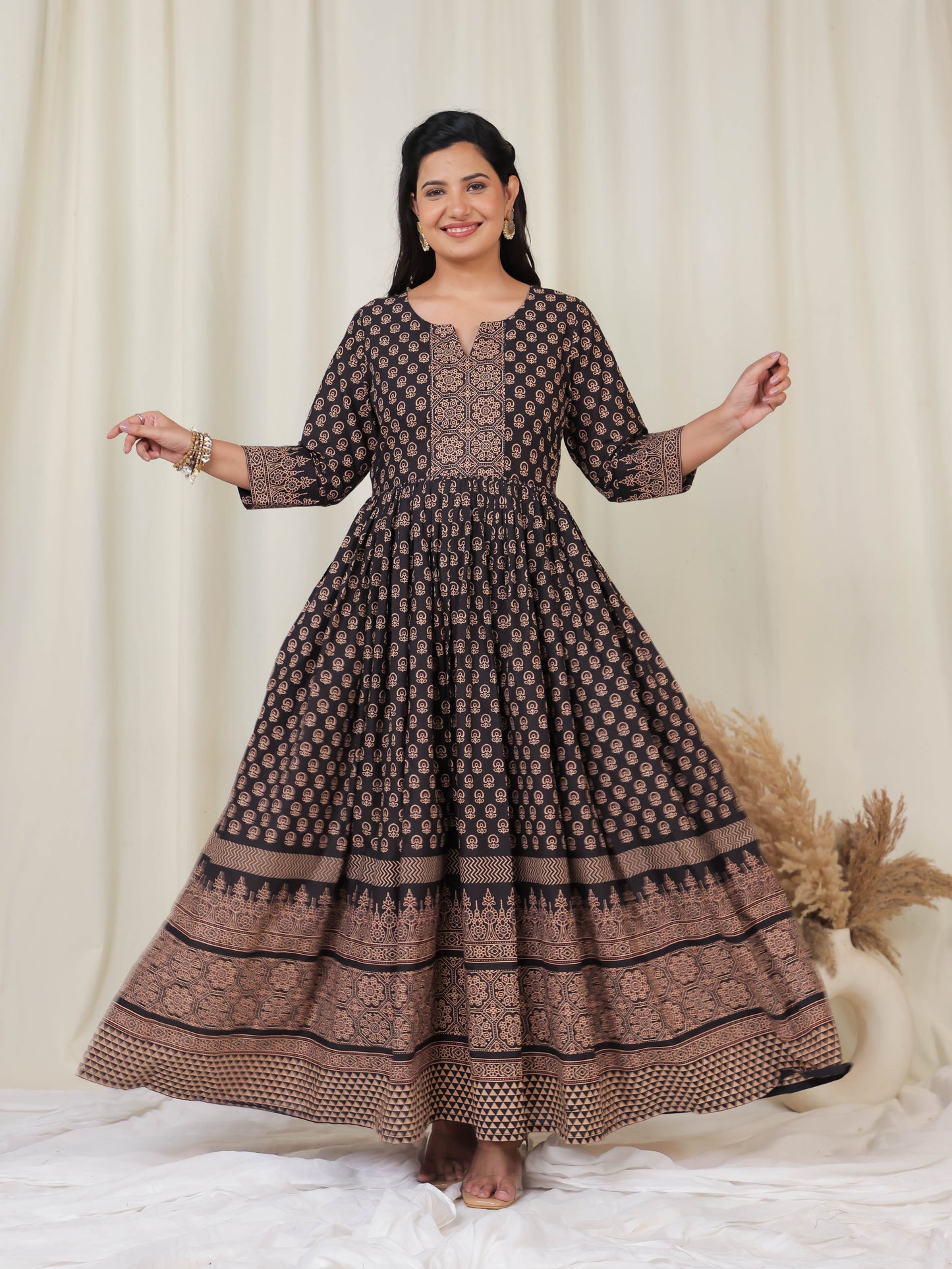 Soft Cotton Ajrakh Anarkali Black Dress