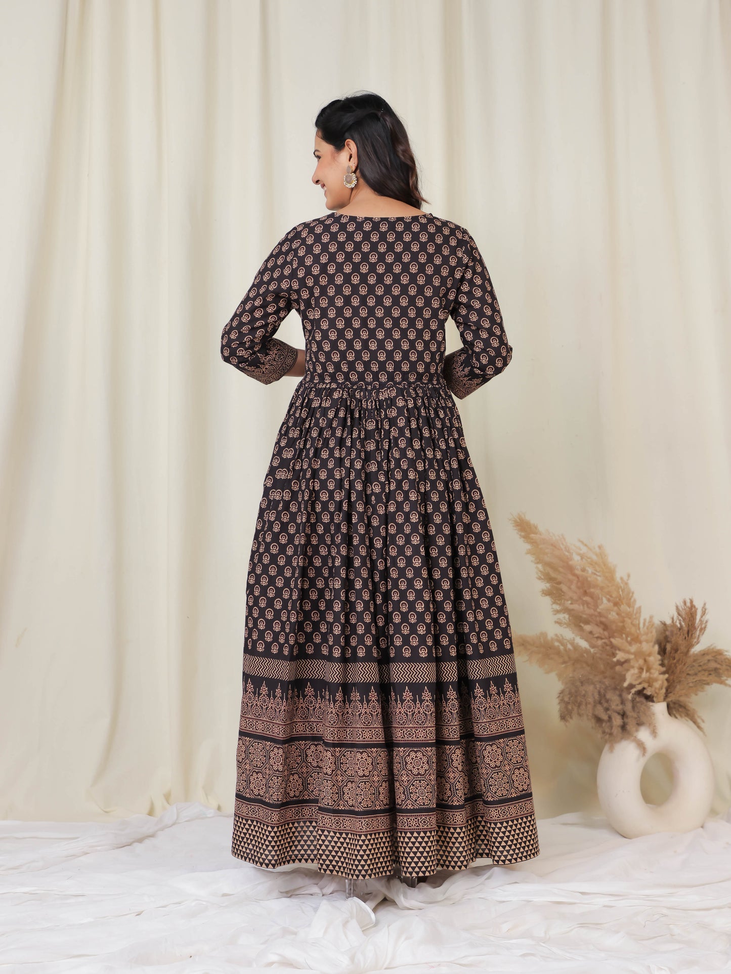 Soft Cotton Ajrakh Anarkali Black Dress