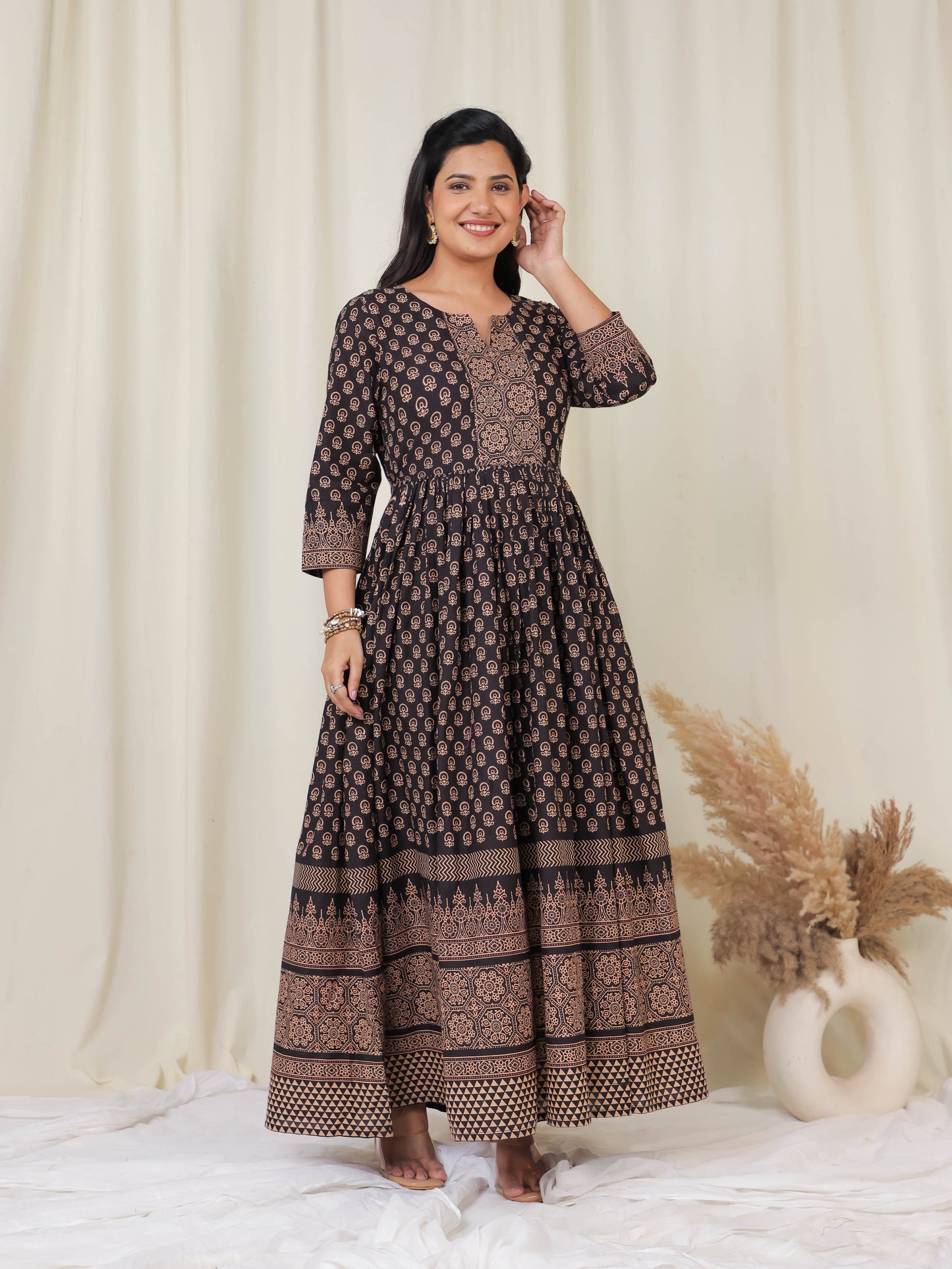 Soft Cotton Ajrakh Anarkali Black Dress