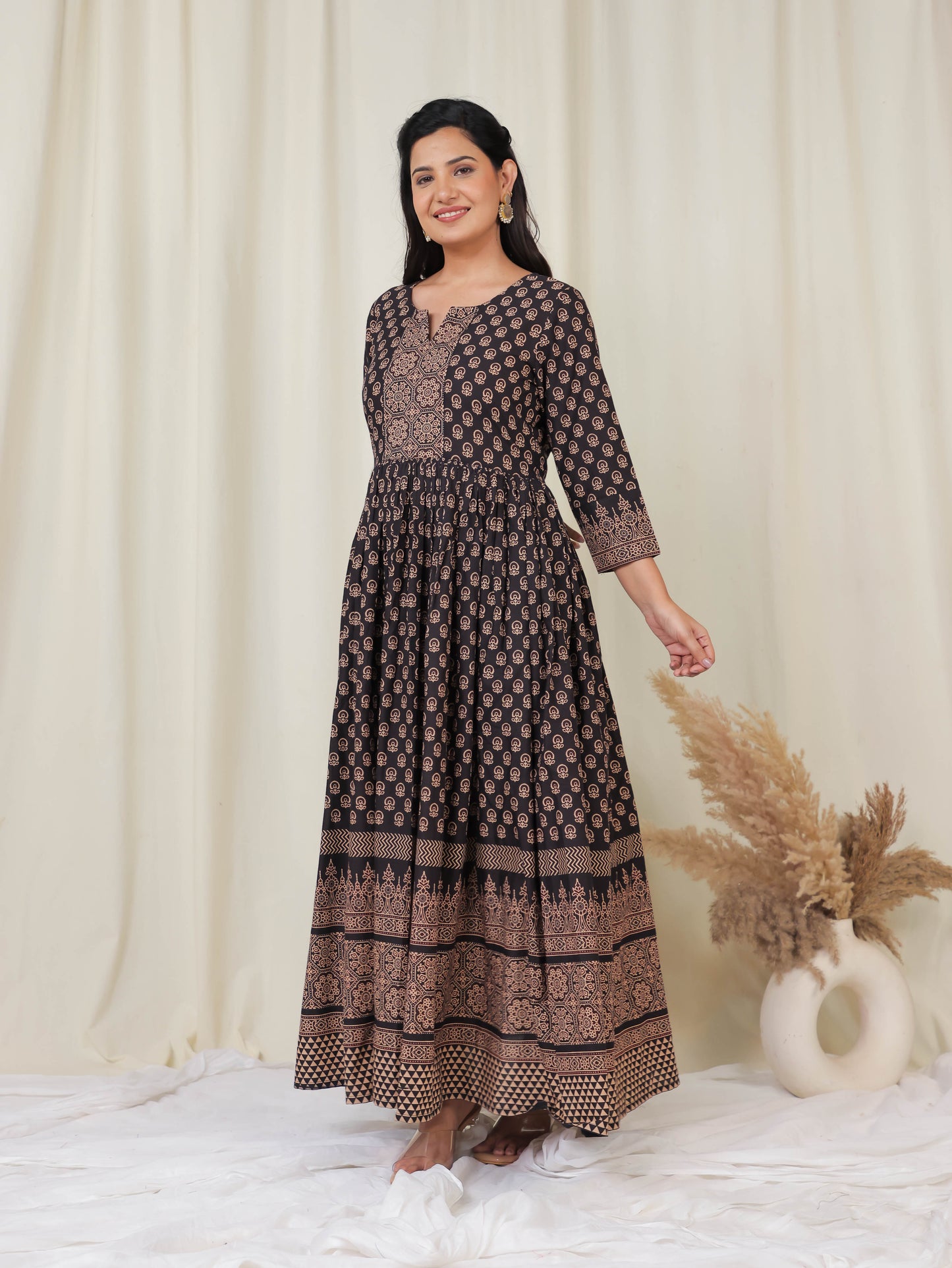 Soft Cotton Ajrakh Anarkali Black Dress