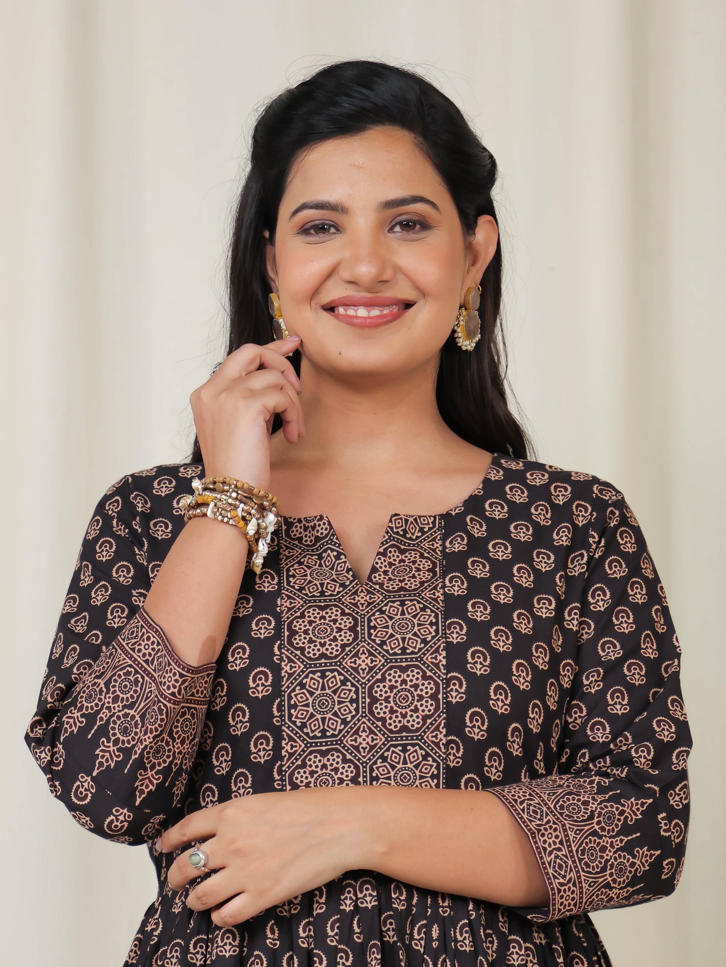 Soft Cotton Ajrakh Anarkali Black Dress