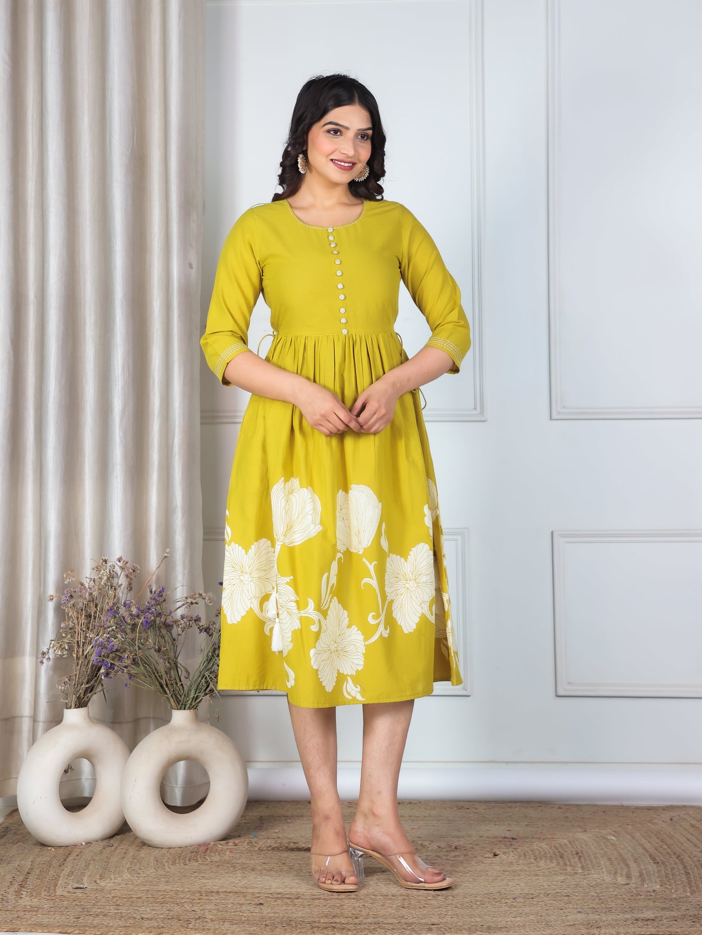 Embroidered Soft Cotton Placement Print A-line Yellow Dress
