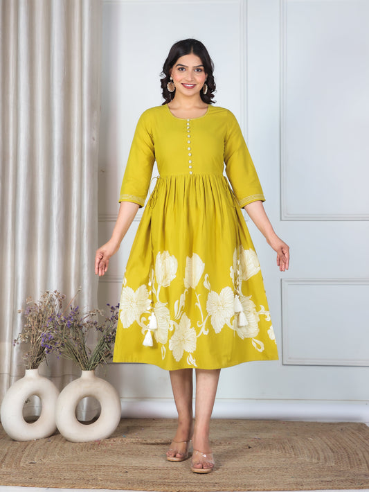 Embroidered Soft Cotton Placement Print A-line Yellow Dress