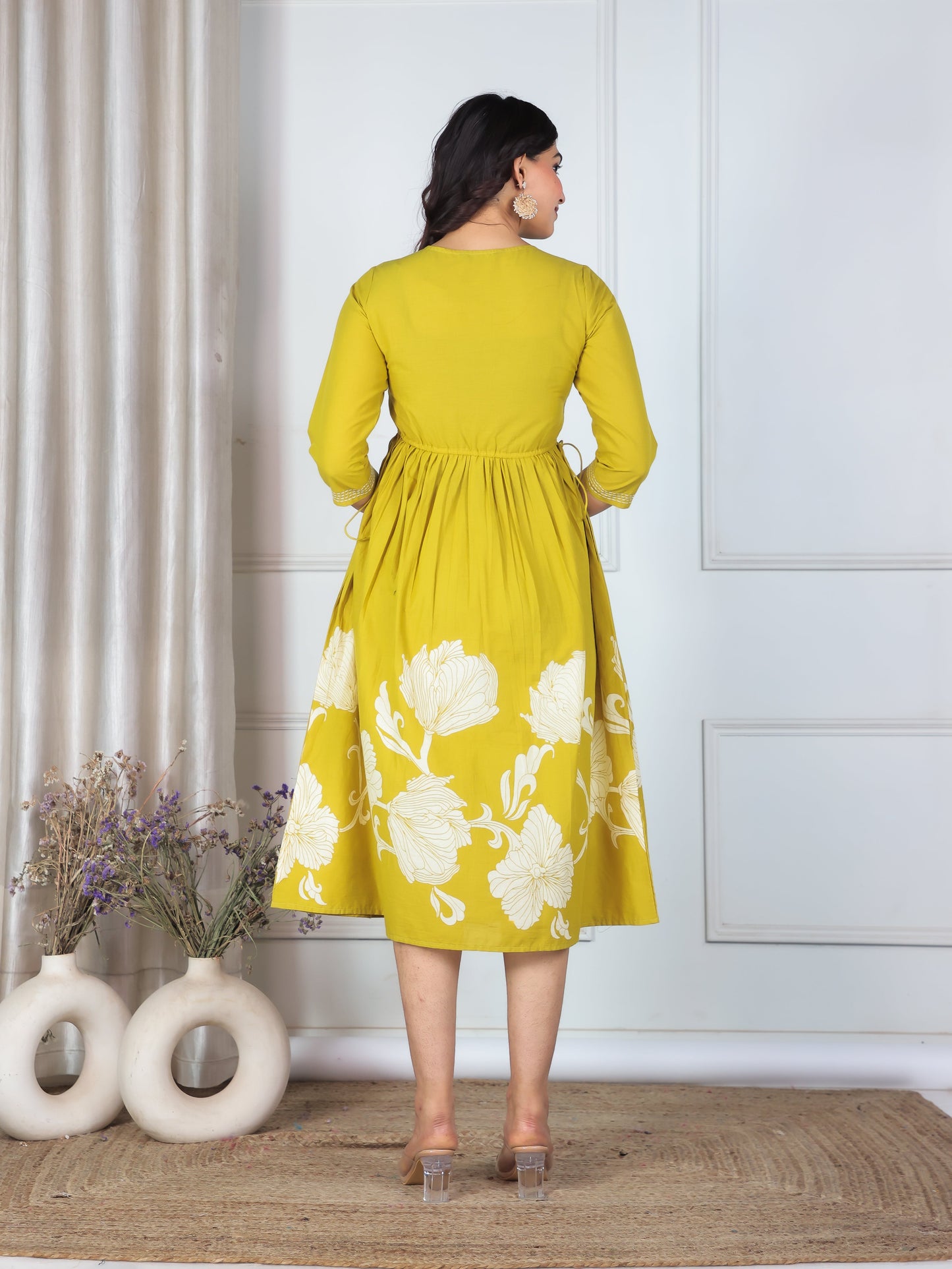 Embroidered Soft Cotton Placement Print A-line Yellow Dress
