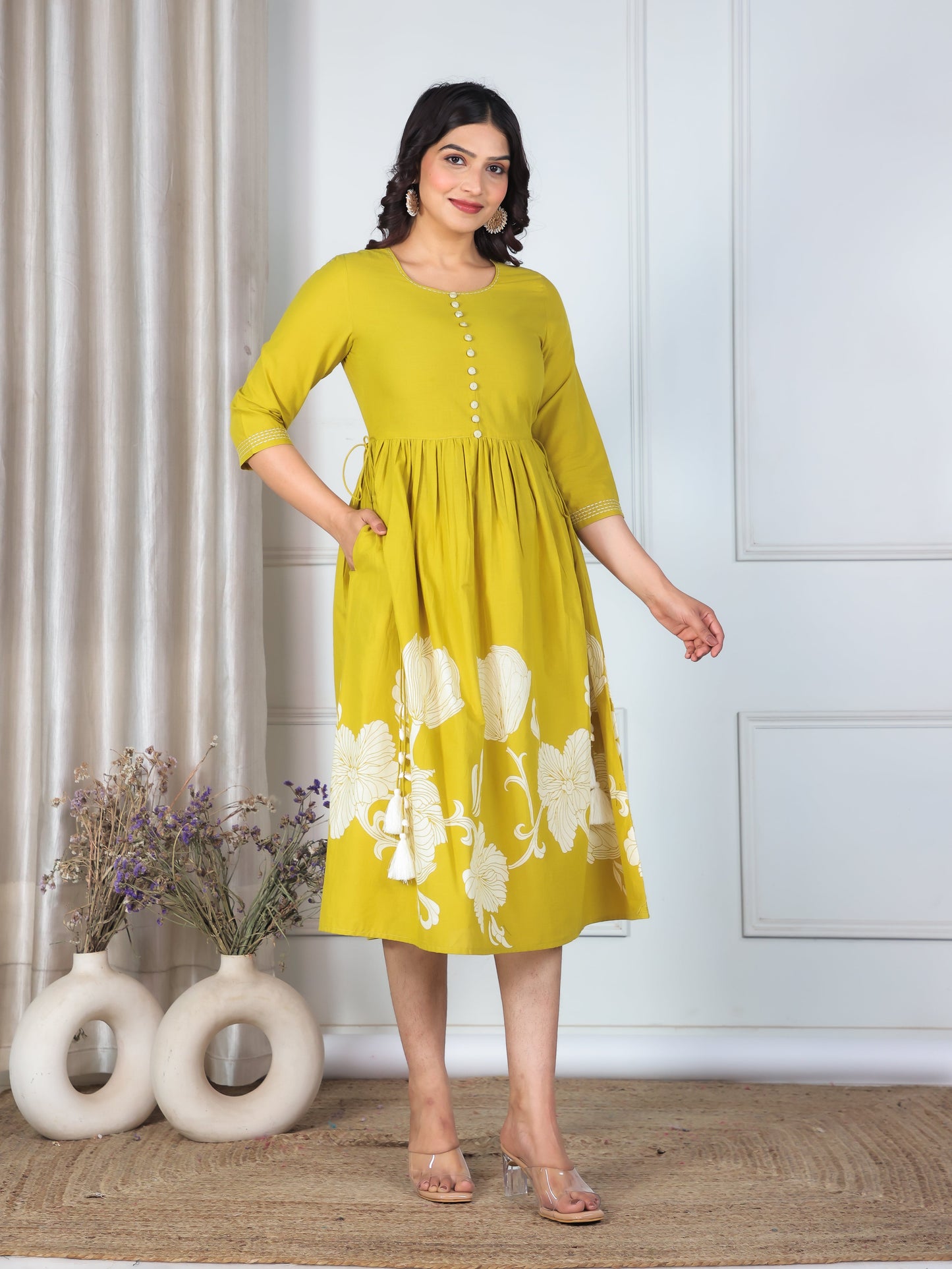 Embroidered Soft Cotton Placement Print A-line Yellow Dress