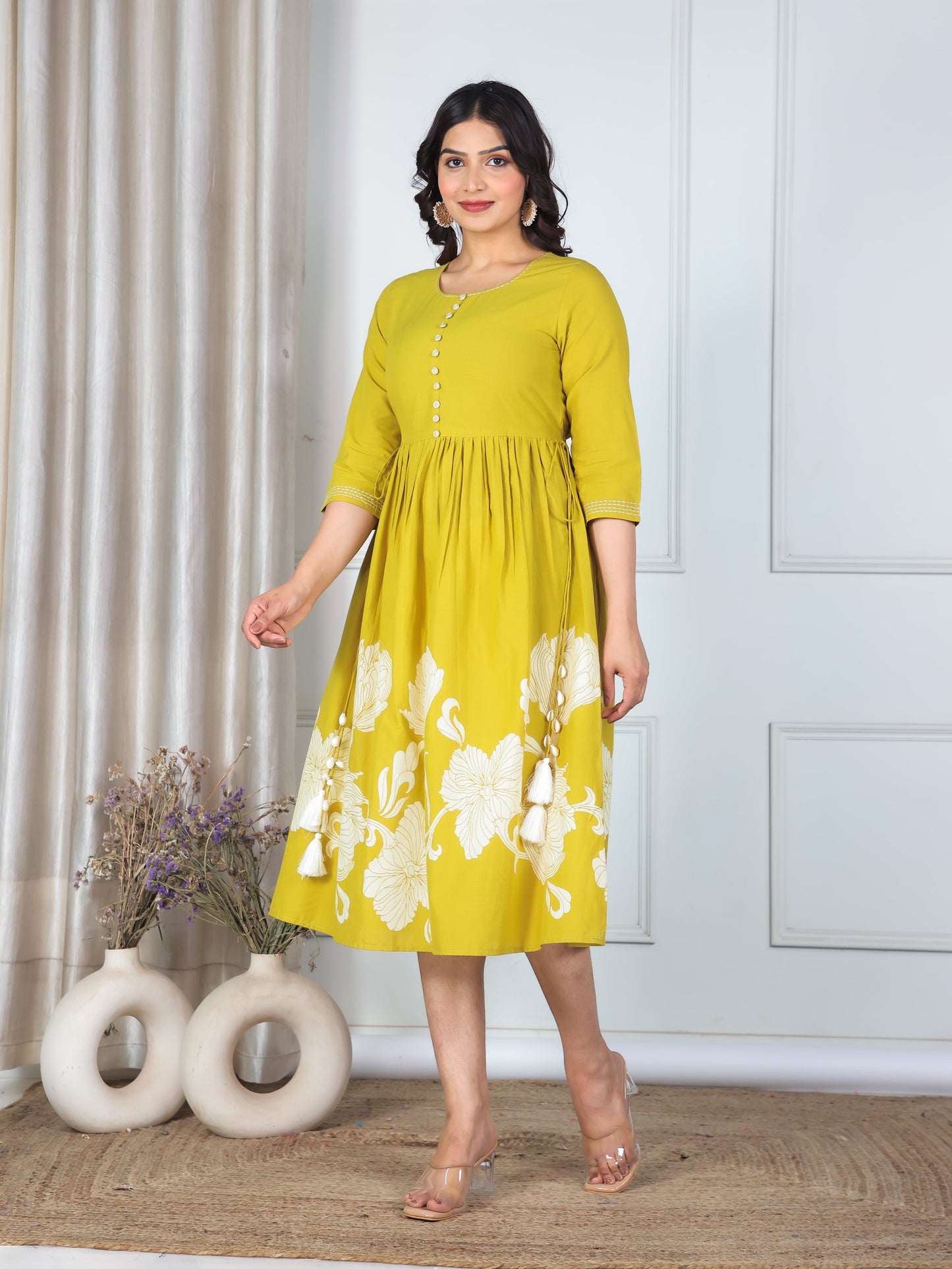 Embroidered Soft Cotton Placement Print A-line Yellow Dress
