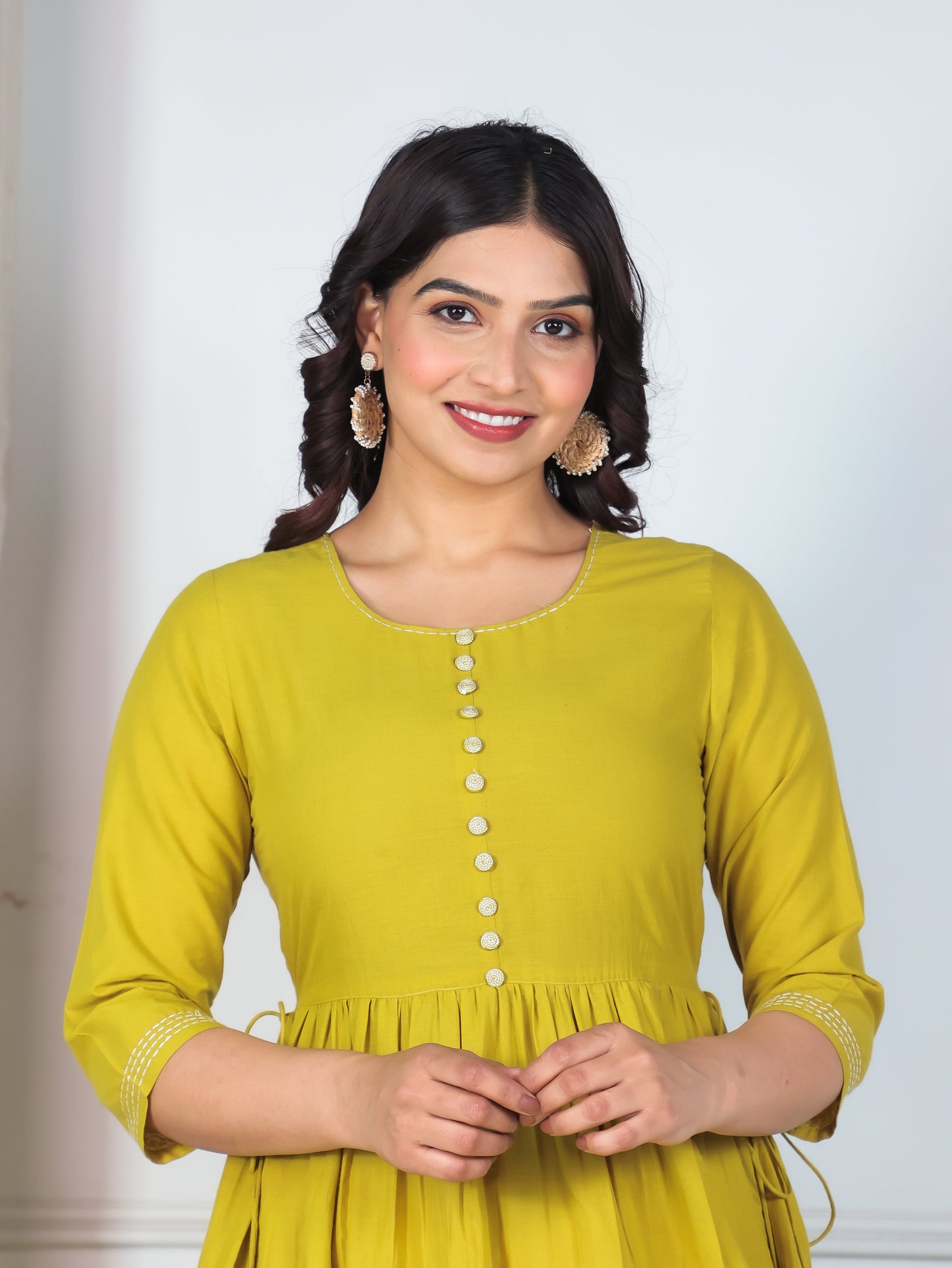 Embroidered Soft Cotton Placement Print A-line Yellow Dress