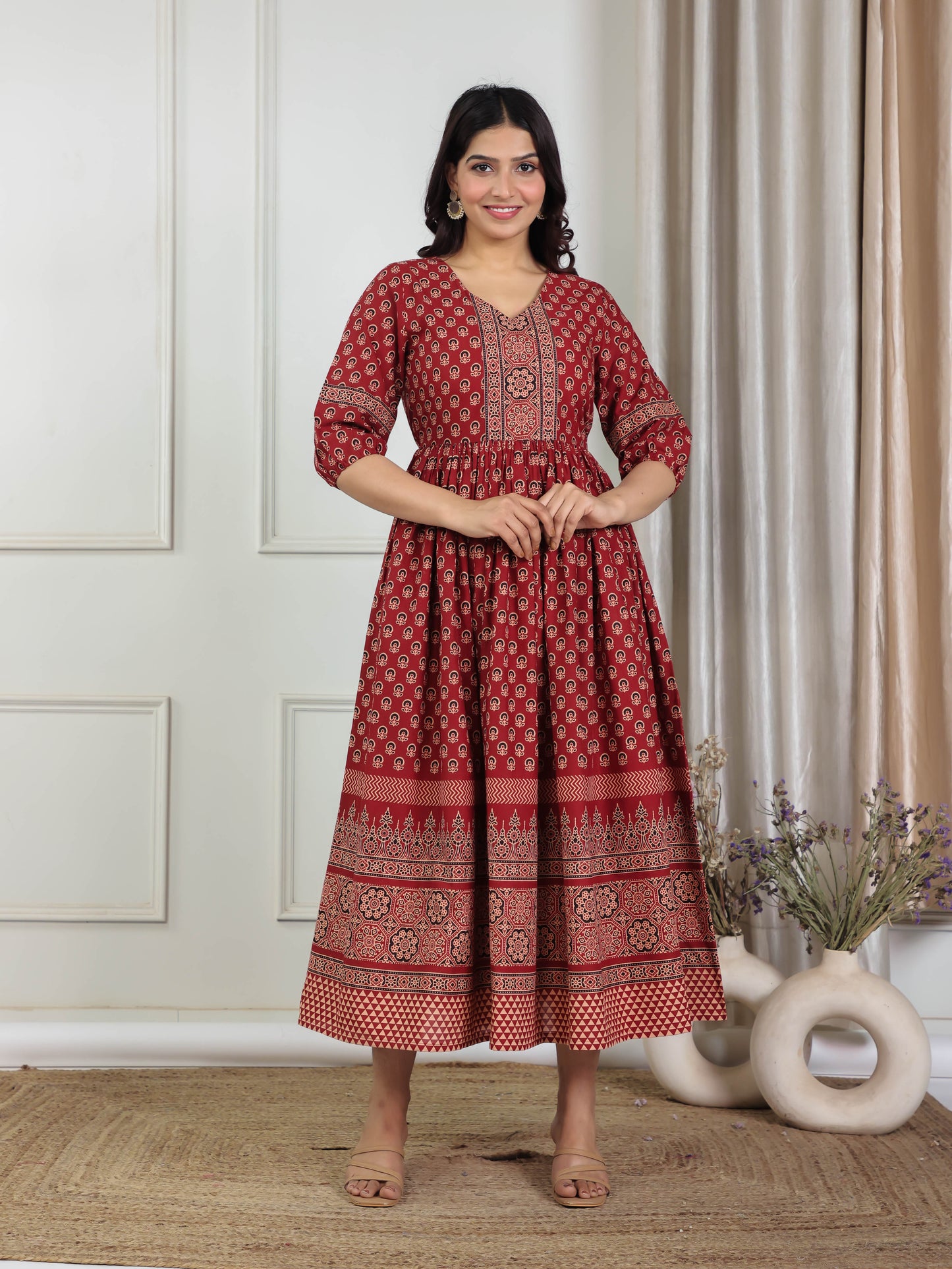 Soft Cotton Ajrakh Flared Red Dress
