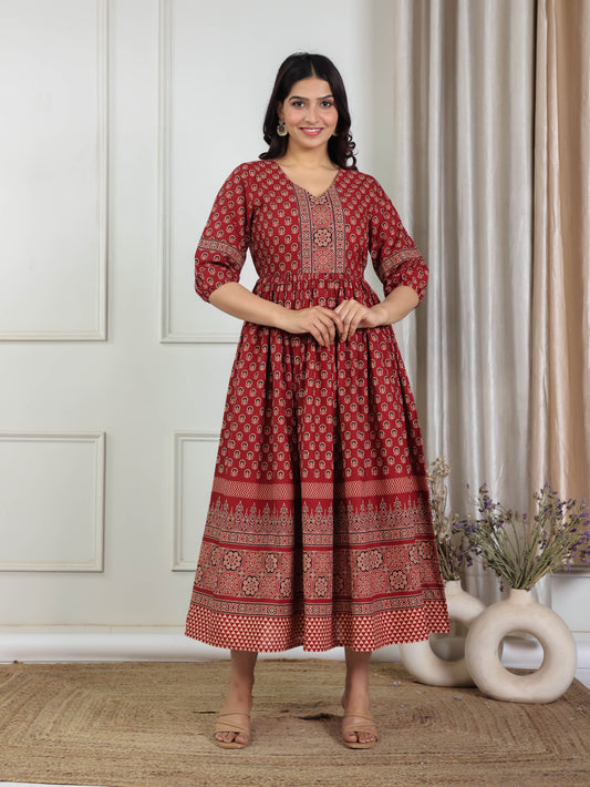 Soft Cotton Ajrakh Flared Red Dress