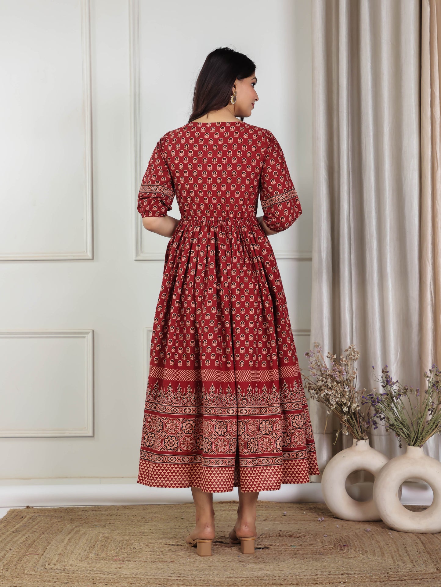 Soft Cotton Ajrakh Flared Red Dress