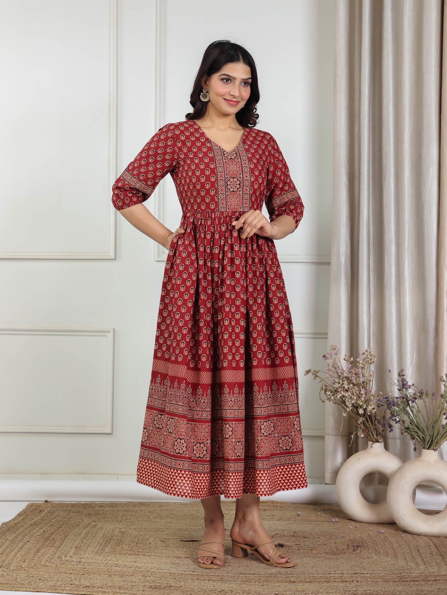 Soft Cotton Ajrakh Flared Red Dress
