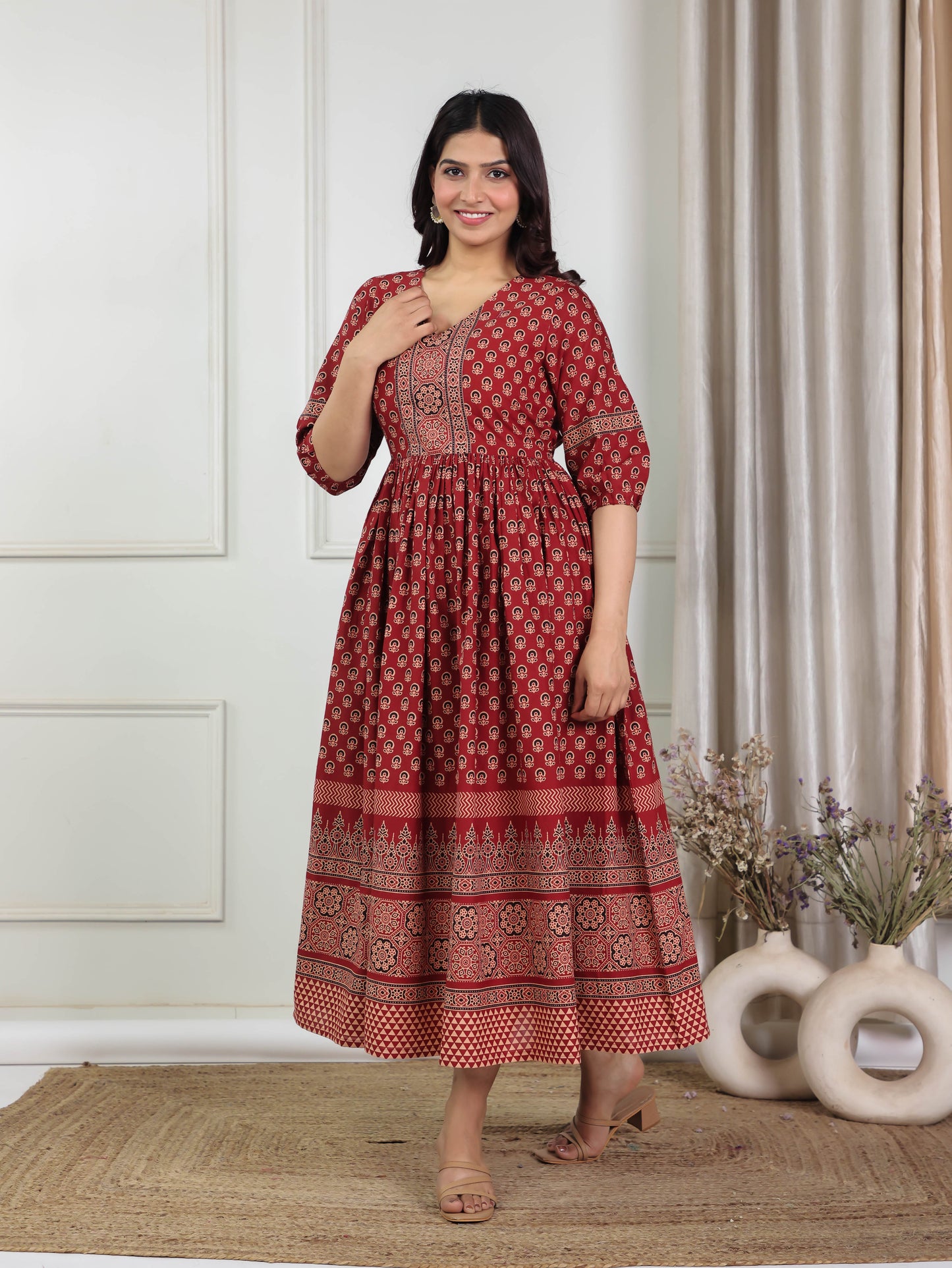 Soft Cotton Ajrakh Flared Red Dress