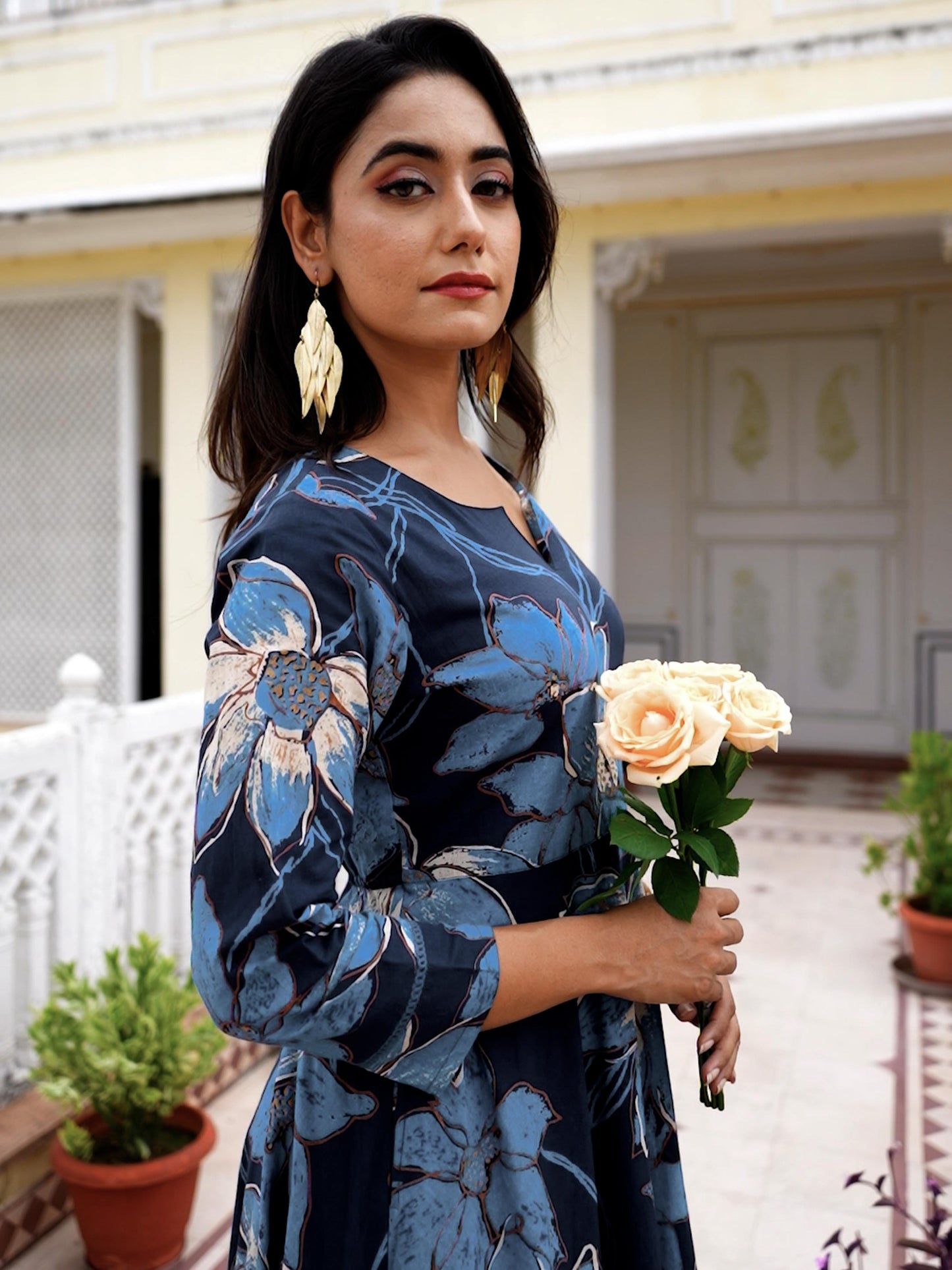 Soft Cotton Floral Anarkali Blue Dress
