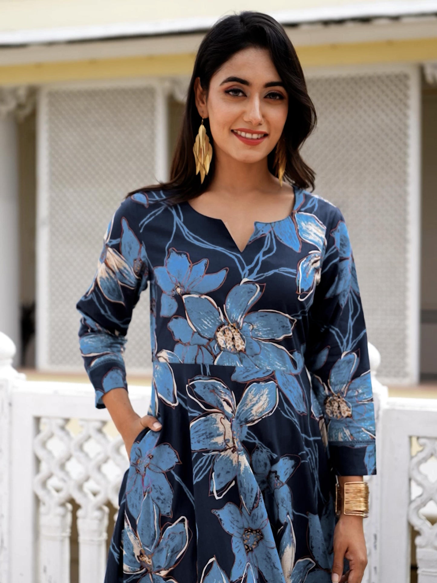Soft Cotton Floral Anarkali Blue Dress