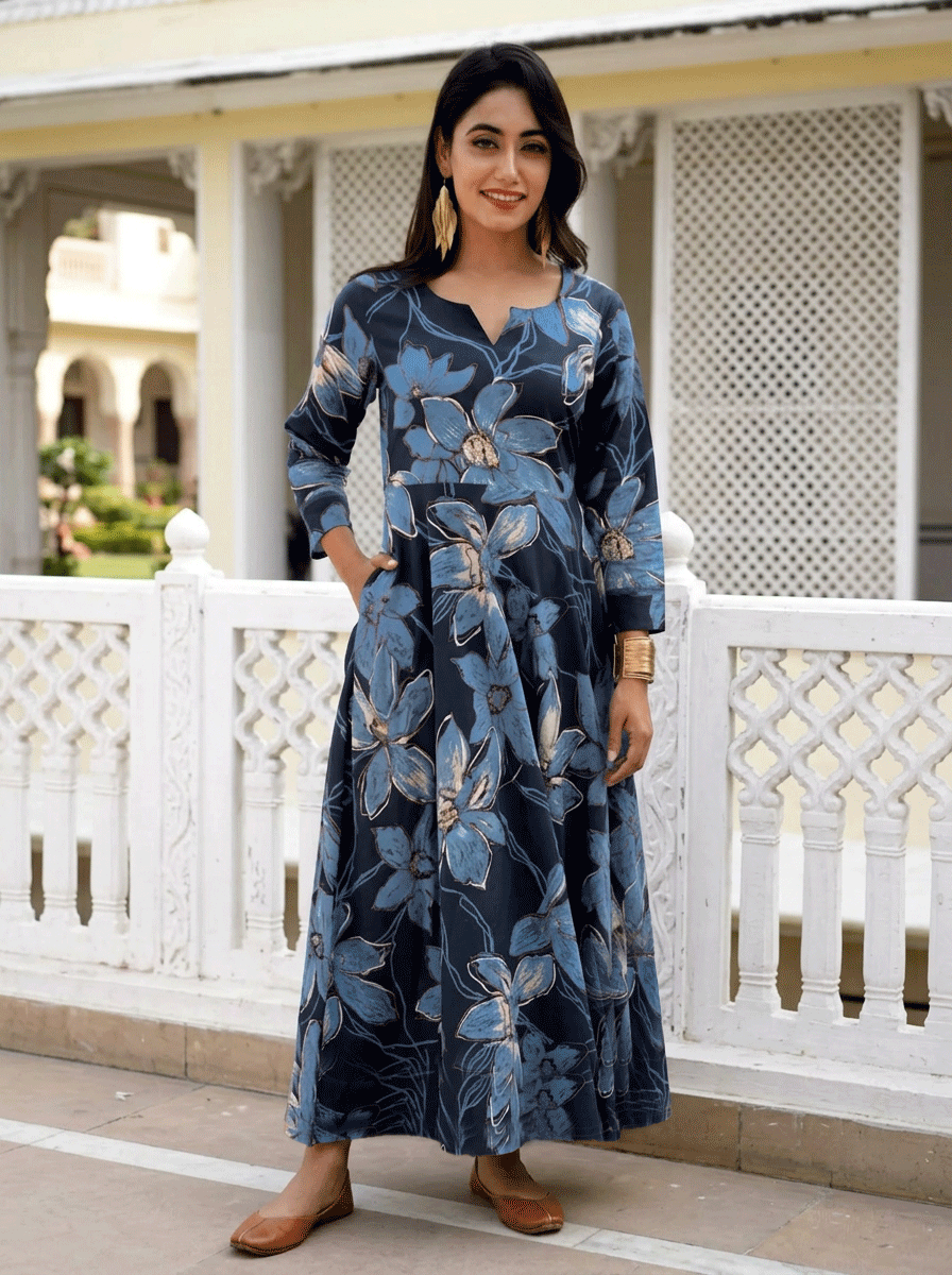 Soft Cotton Floral Anarkali Blue Dress