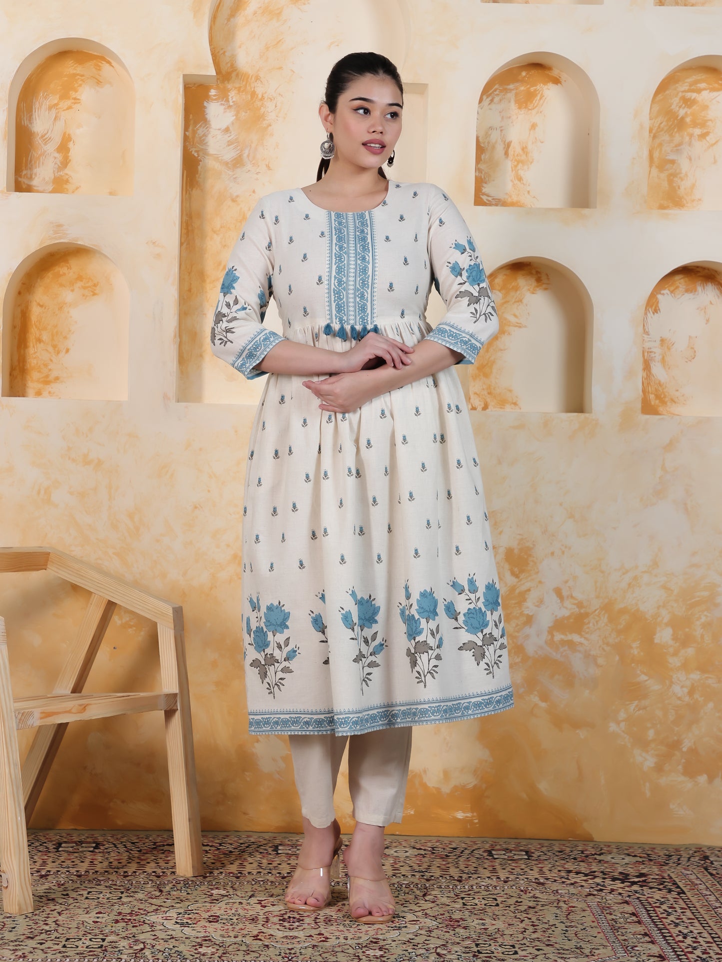 Linen Cotton Placement Print A-line Off White Dress