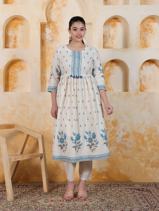 Linen Cotton Placement Print A-line Off White Dress