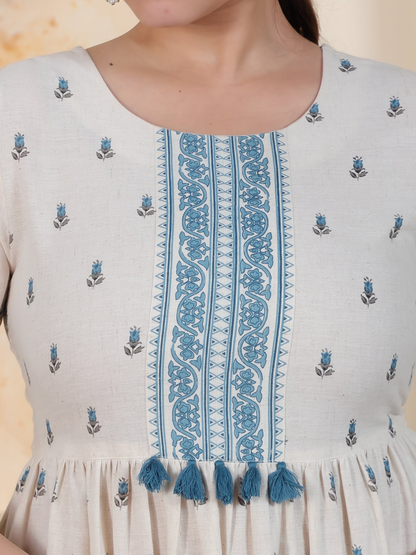 Linen Cotton Placement Print A-line Off White Dress