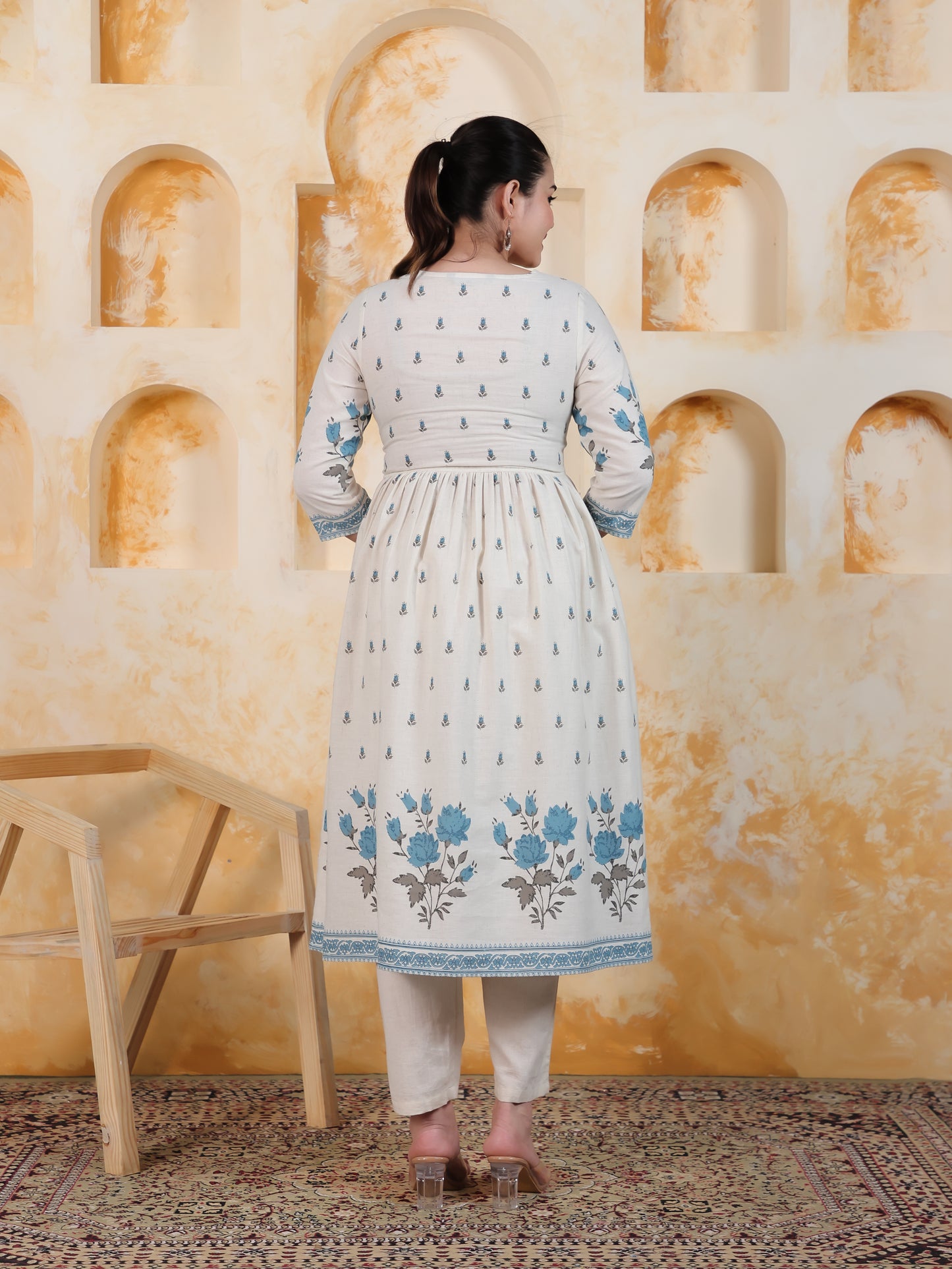 Linen Cotton Placement Print A-line Off White Dress