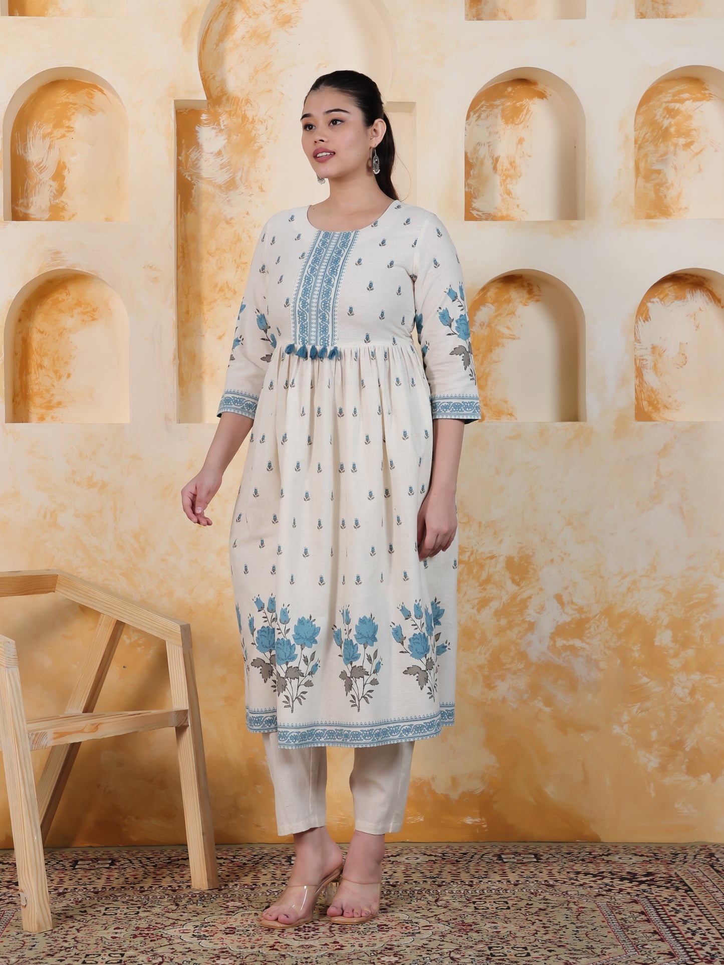 Linen Cotton Placement Print A-line Off White Dress