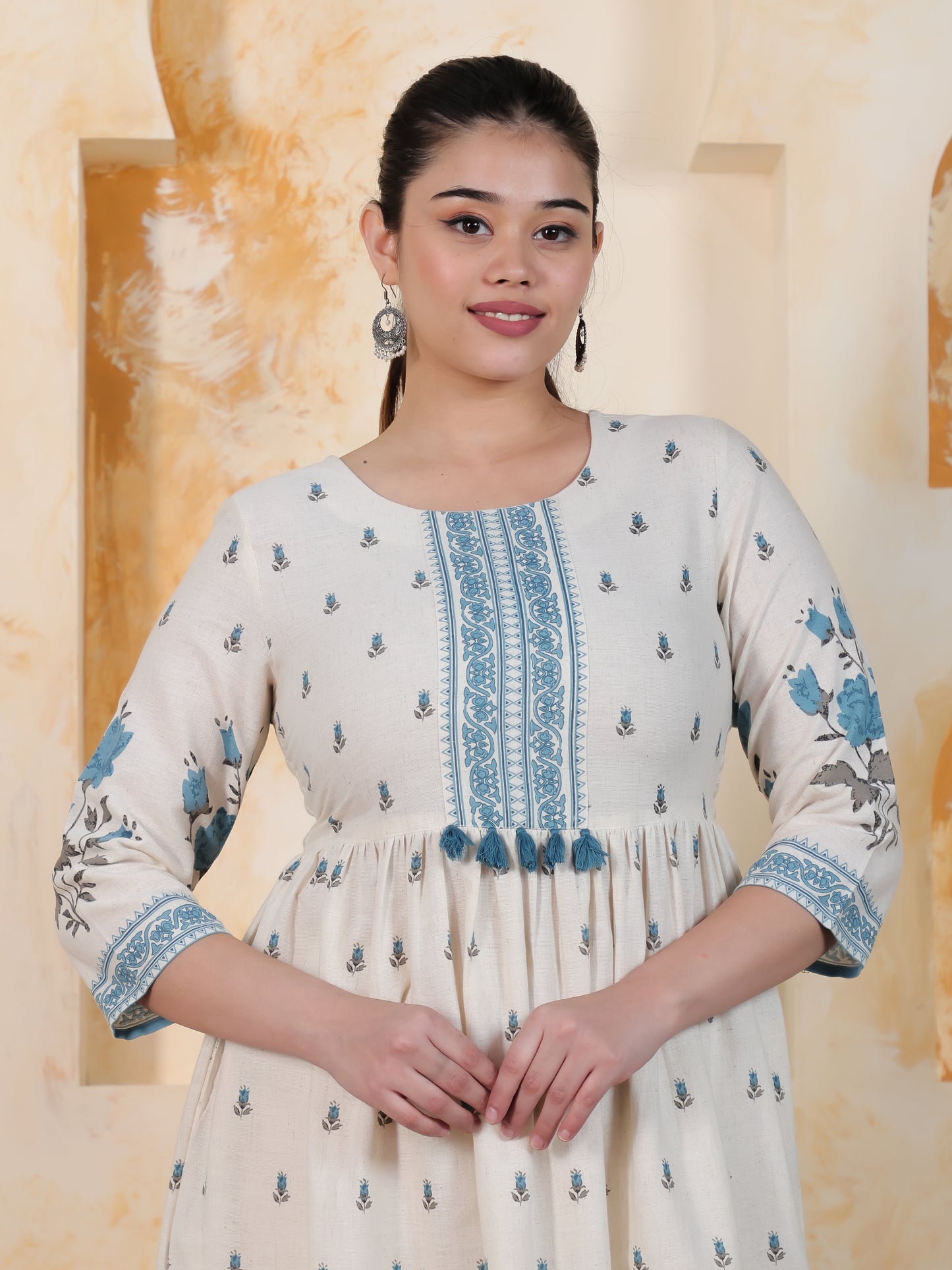 Linen Cotton Placement Print A-line Off White Dress