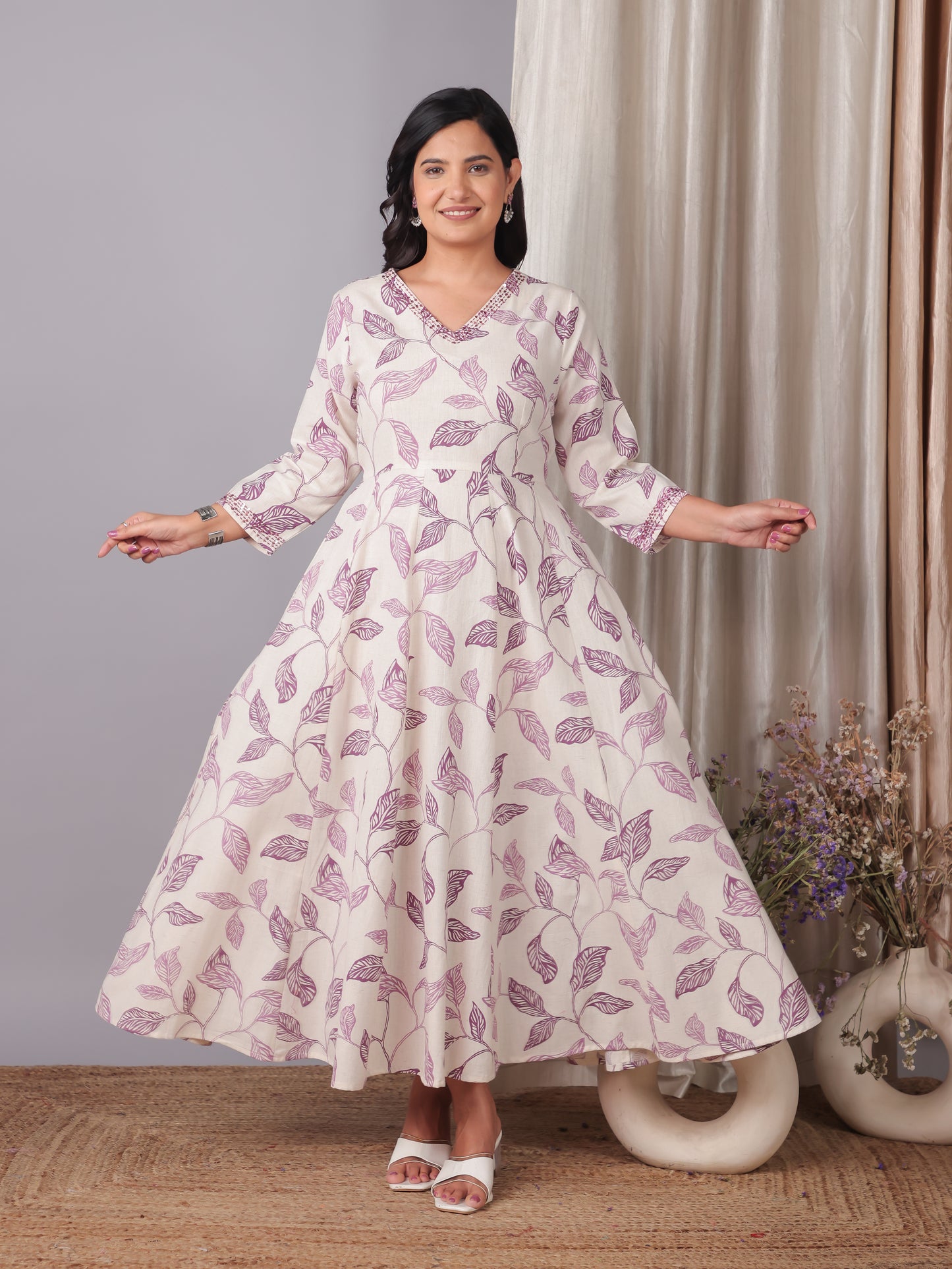 Embroidered Linen Cotton Foliage Flared Purple Dress
