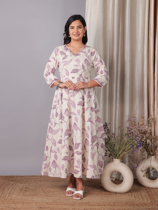 Embroidered Linen Cotton Foliage Flared Purple Dress