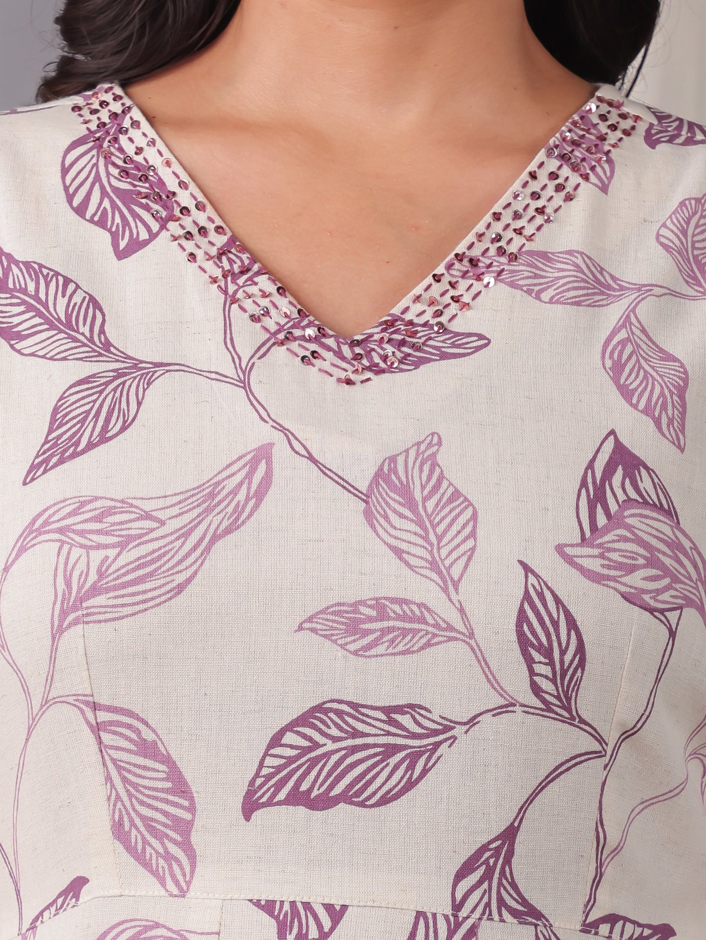 Embroidered Linen Cotton Foliage Flared Purple Dress