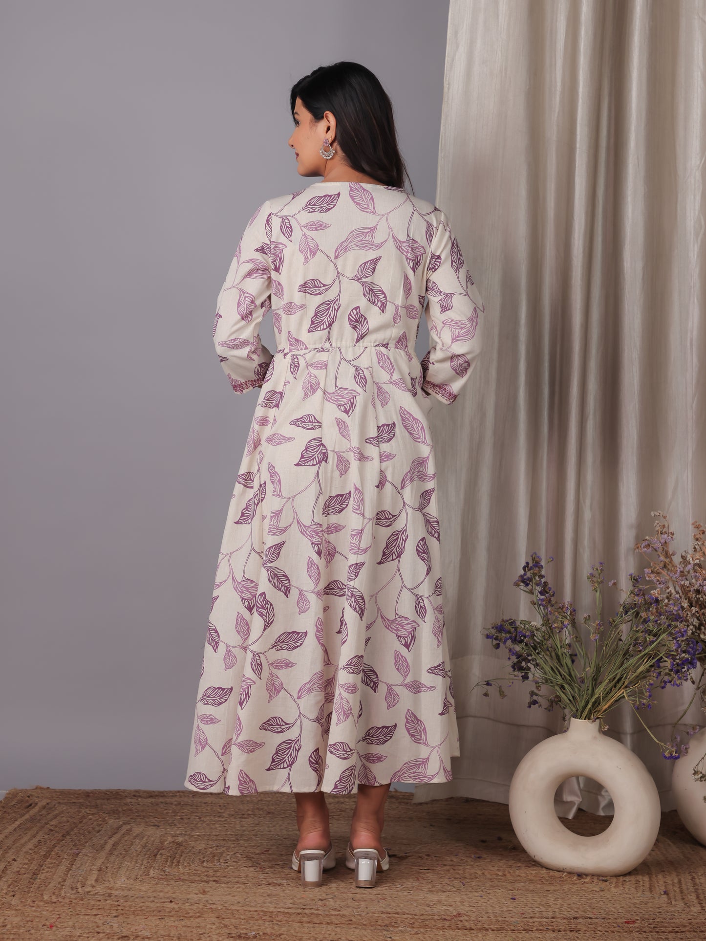Embroidered Linen Cotton Foliage Flared Purple Dress