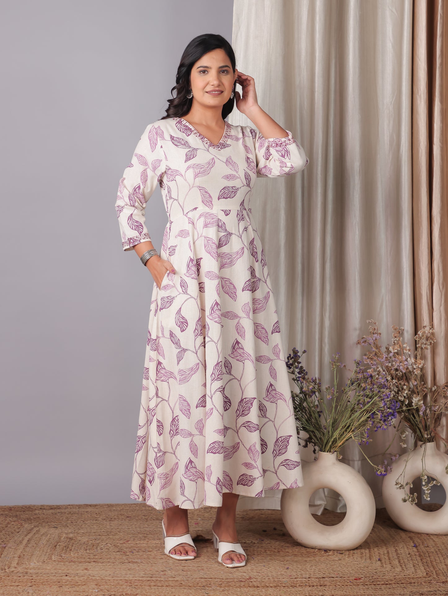 Embroidered Linen Cotton Foliage Flared Purple Dress