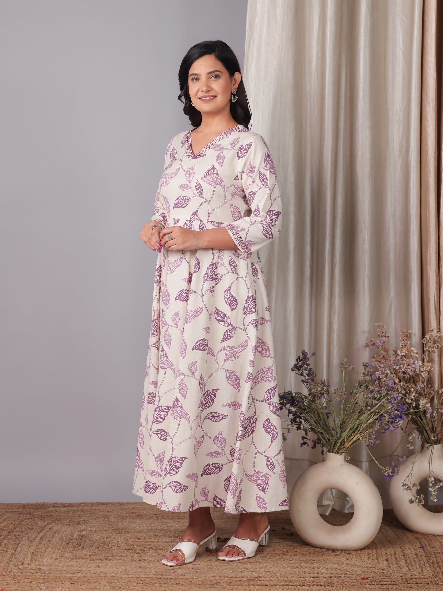 Embroidered Linen Cotton Foliage Flared Purple Dress