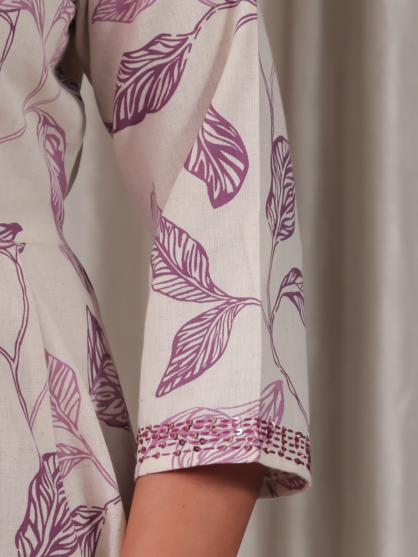 Embroidered Linen Cotton Foliage Flared Purple Dress