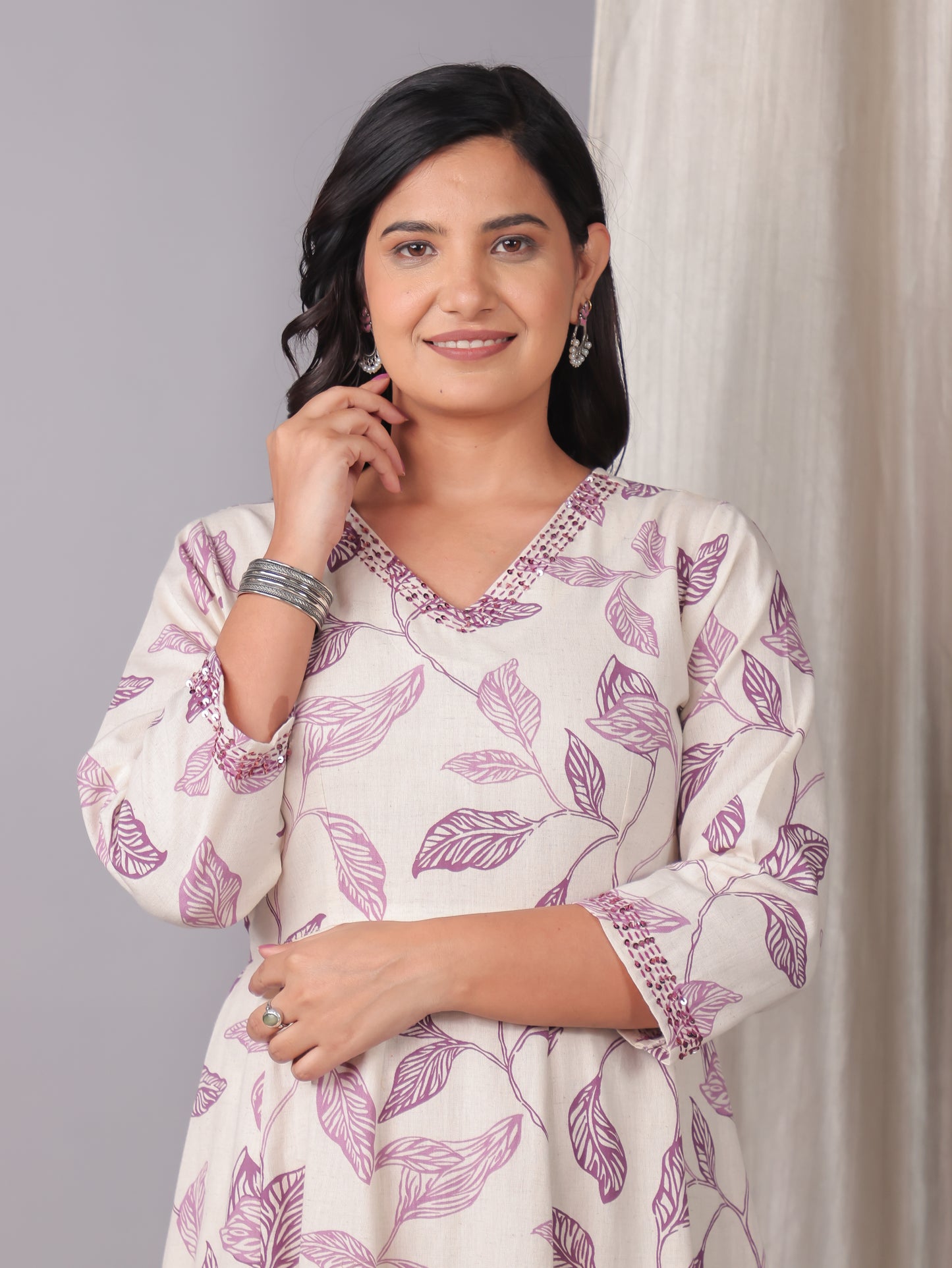 Embroidered Linen Cotton Foliage Flared Purple Dress