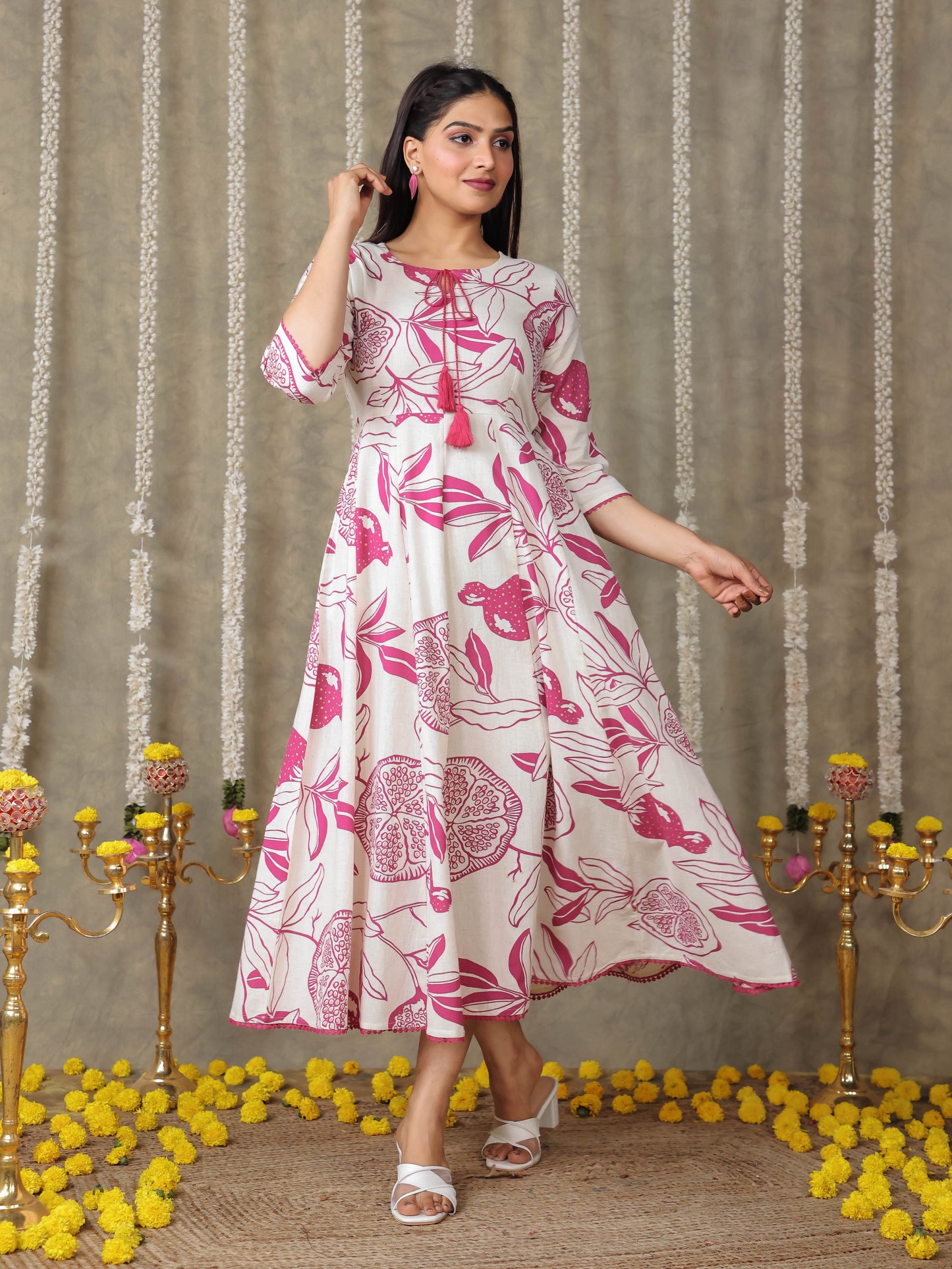 Linen Cotton Foliage Flared Pink Dress